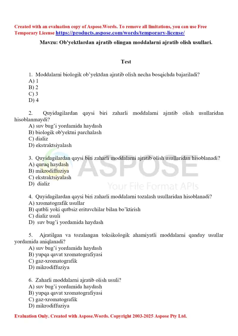 13. Ob'yektlardan ajratib olingan moddalarni ajratib olish usullari. Test, 10 ta.