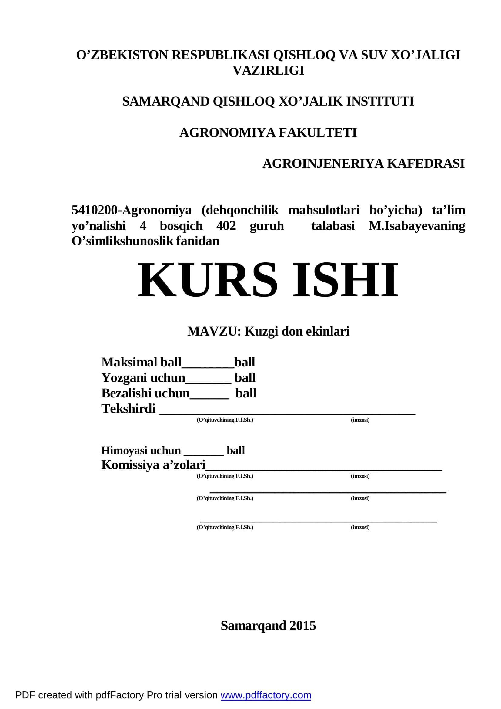 Kuzgi don ekinlari MAVZU: Kuzgi don ekinlari
