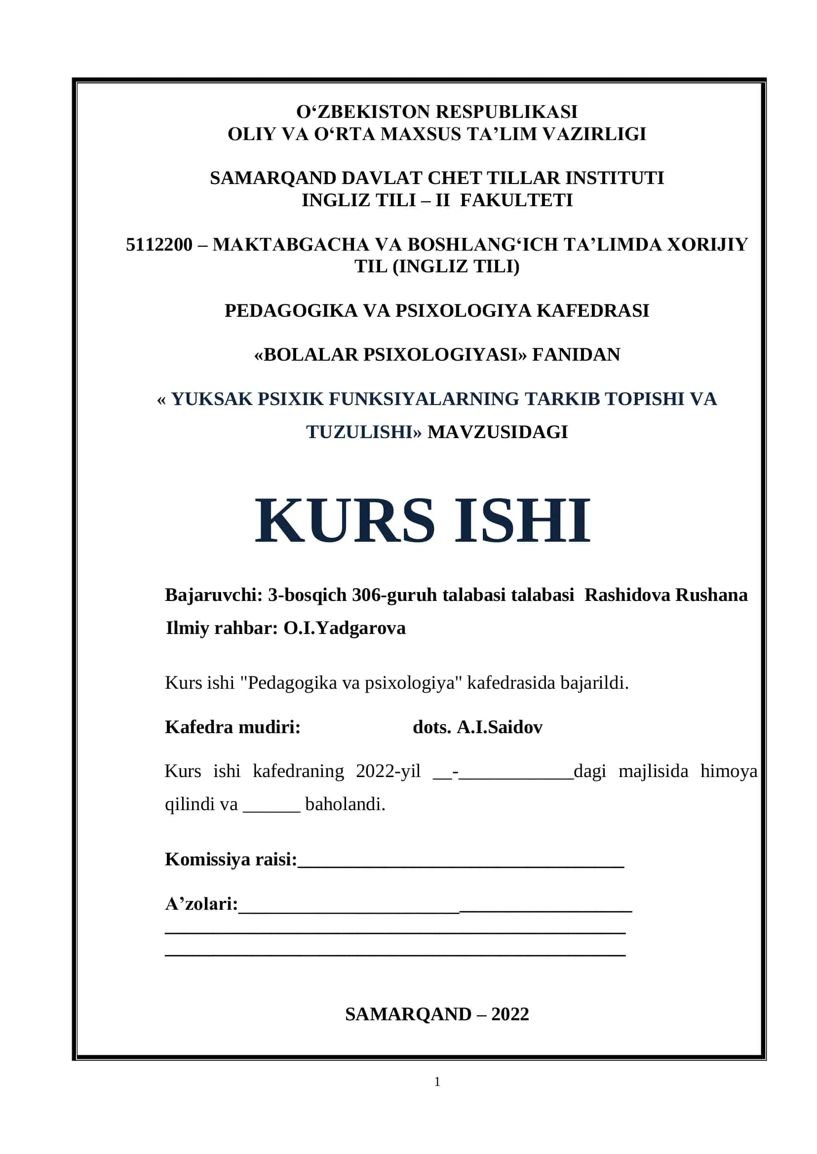Yuksak psixik funksiyalarning tarkib topishi va tuzulishi