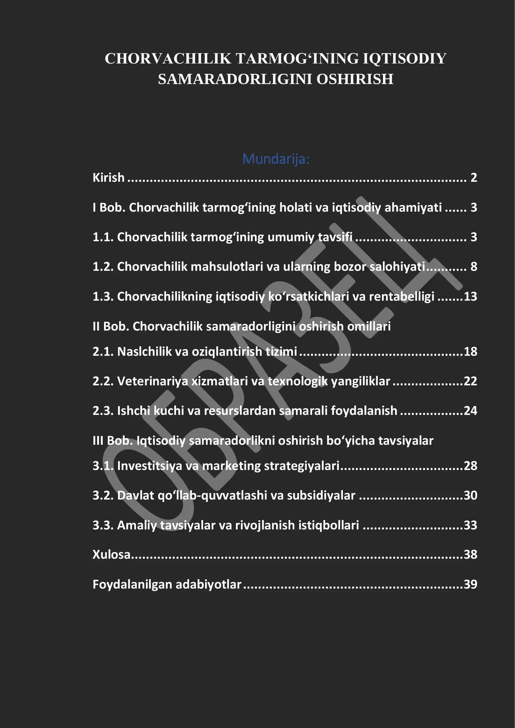 CHORVACHILIK TARMOG‘INING IQTISODIY SAMARADORLIGINI OSHIRISH