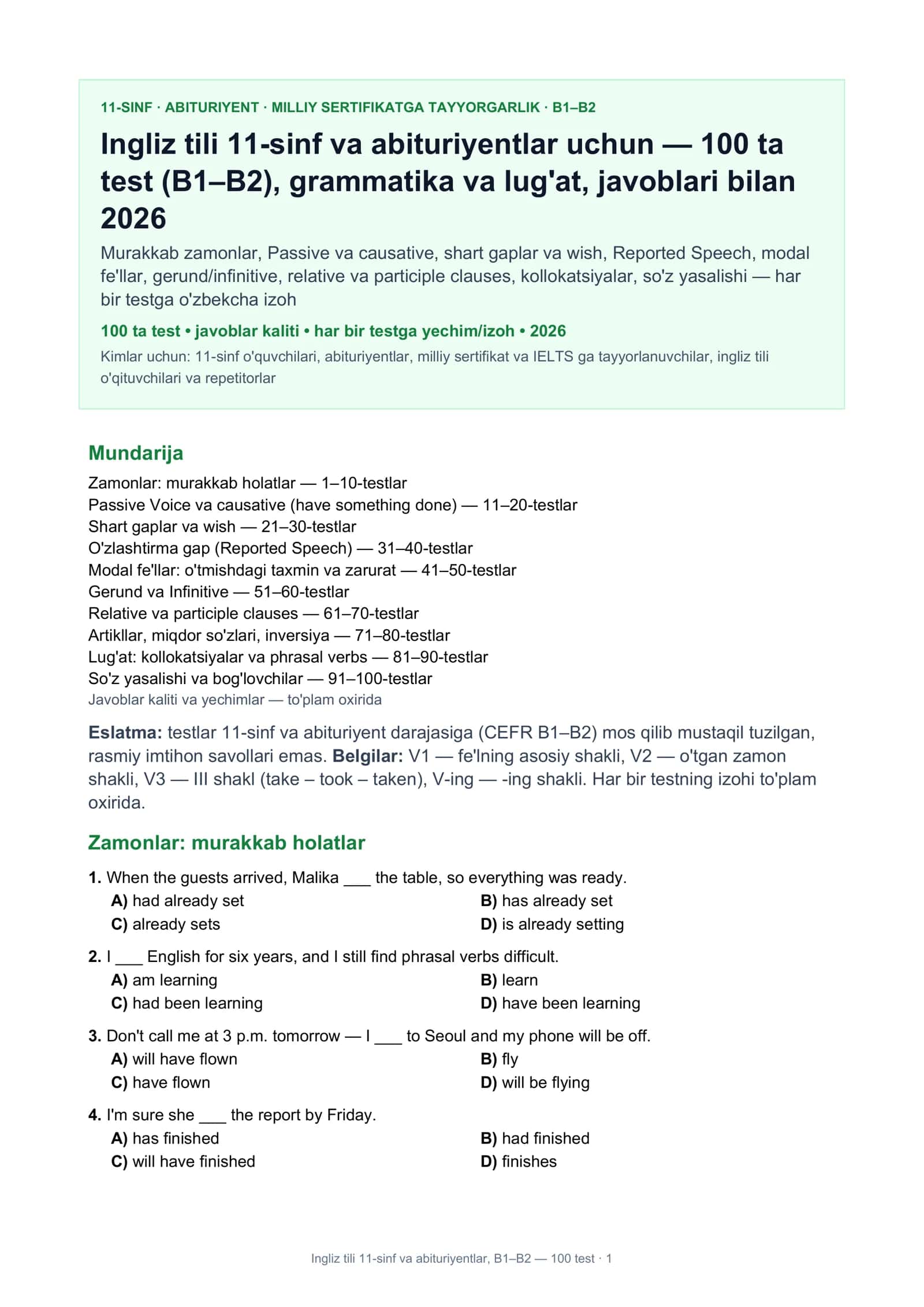 Ingliz tili 11-sinf va abituriyentlar, B1–B2