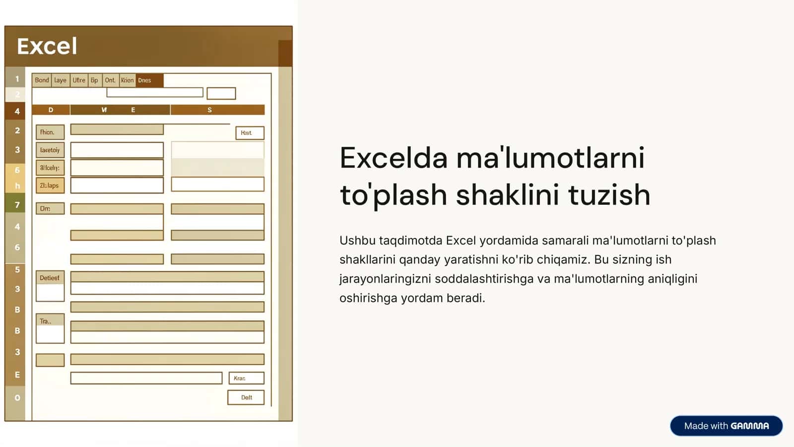 Excelda ma'lumotlarni to'plash shaklini tuzish