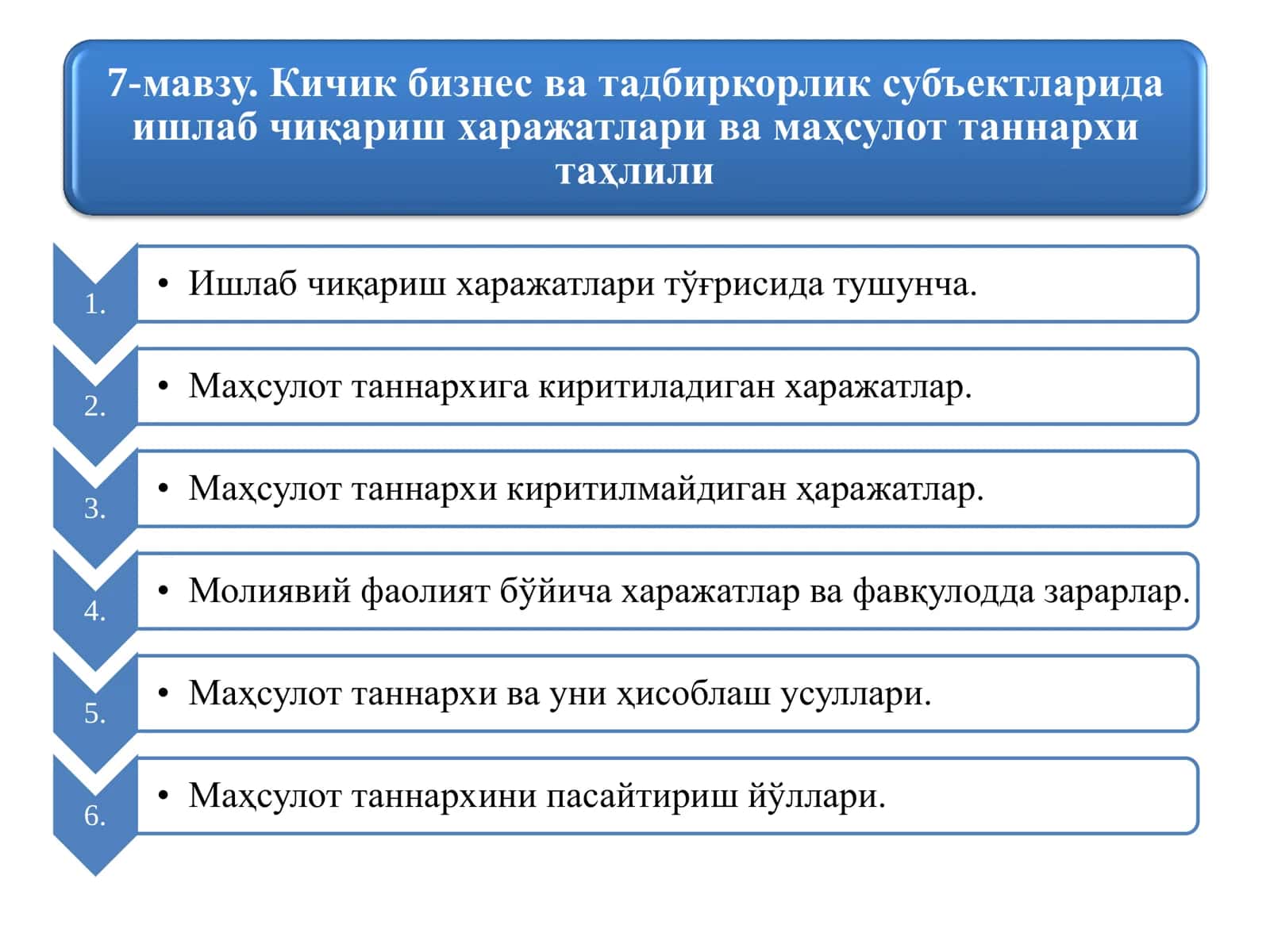 Кичик бизнес ва тадбиркорлик субъектларида ишлаб чиқариш харажатлари ва маҳсулот таннархи таҳлили