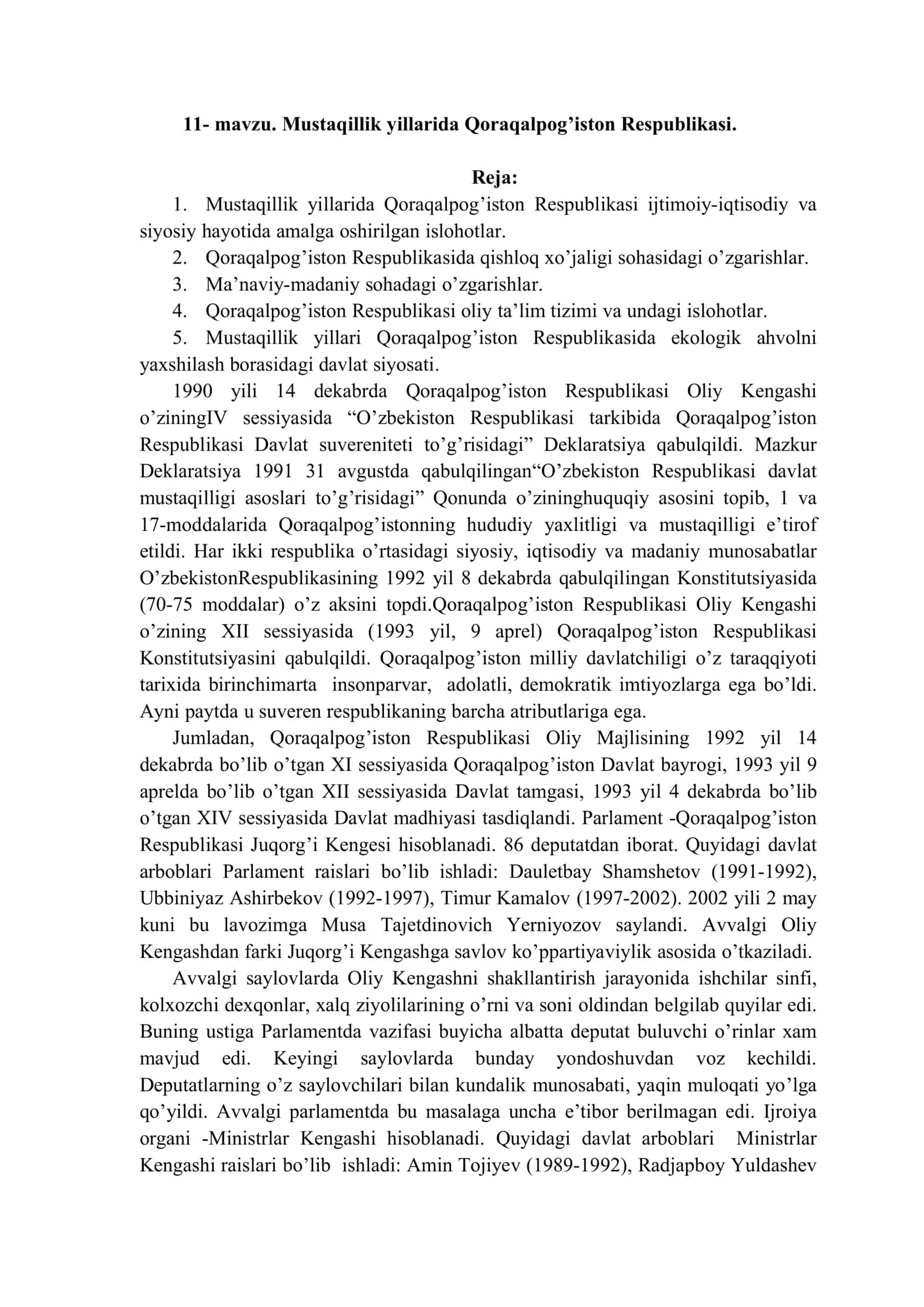 Mustaqillik yillarida Qoraqalpogʼiston Respublikasi
