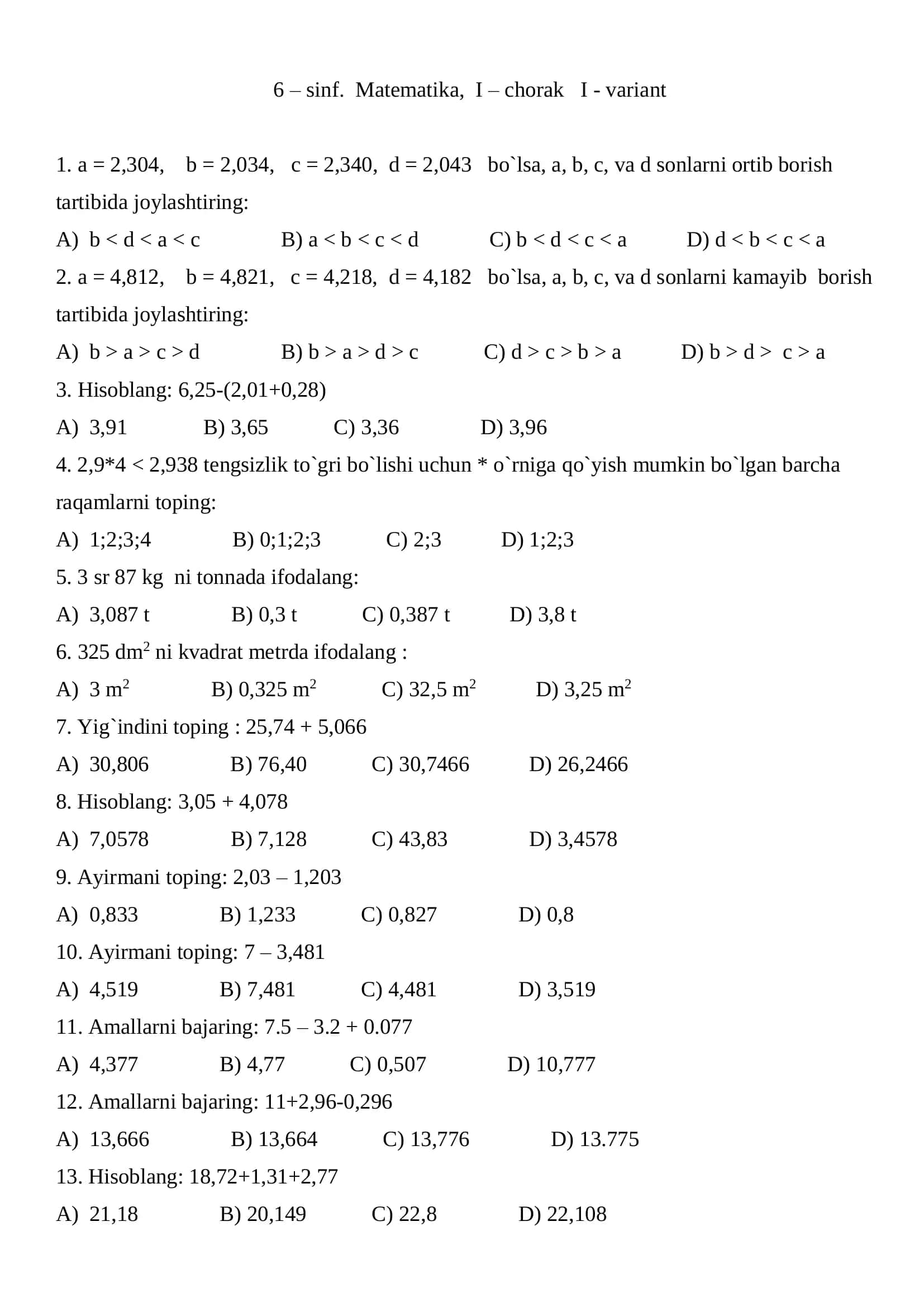 6-sinf Matematika Testlar – Barcha Choraklar PDF