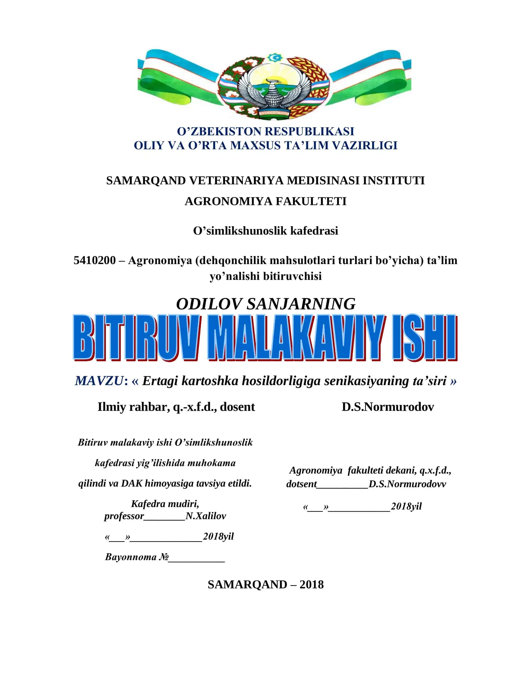 Ertagi kartoshka hosildorligiga senikasiyaning ta’siri