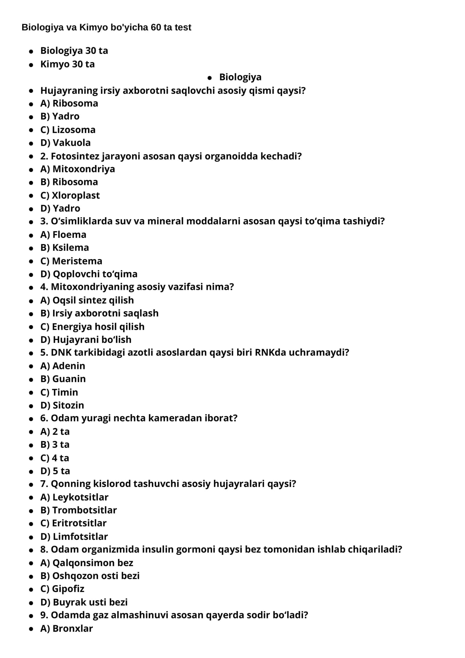 Biologiya + Kimyo | 60 ta test | Kalitlari bilan | DTM FORMATIDA