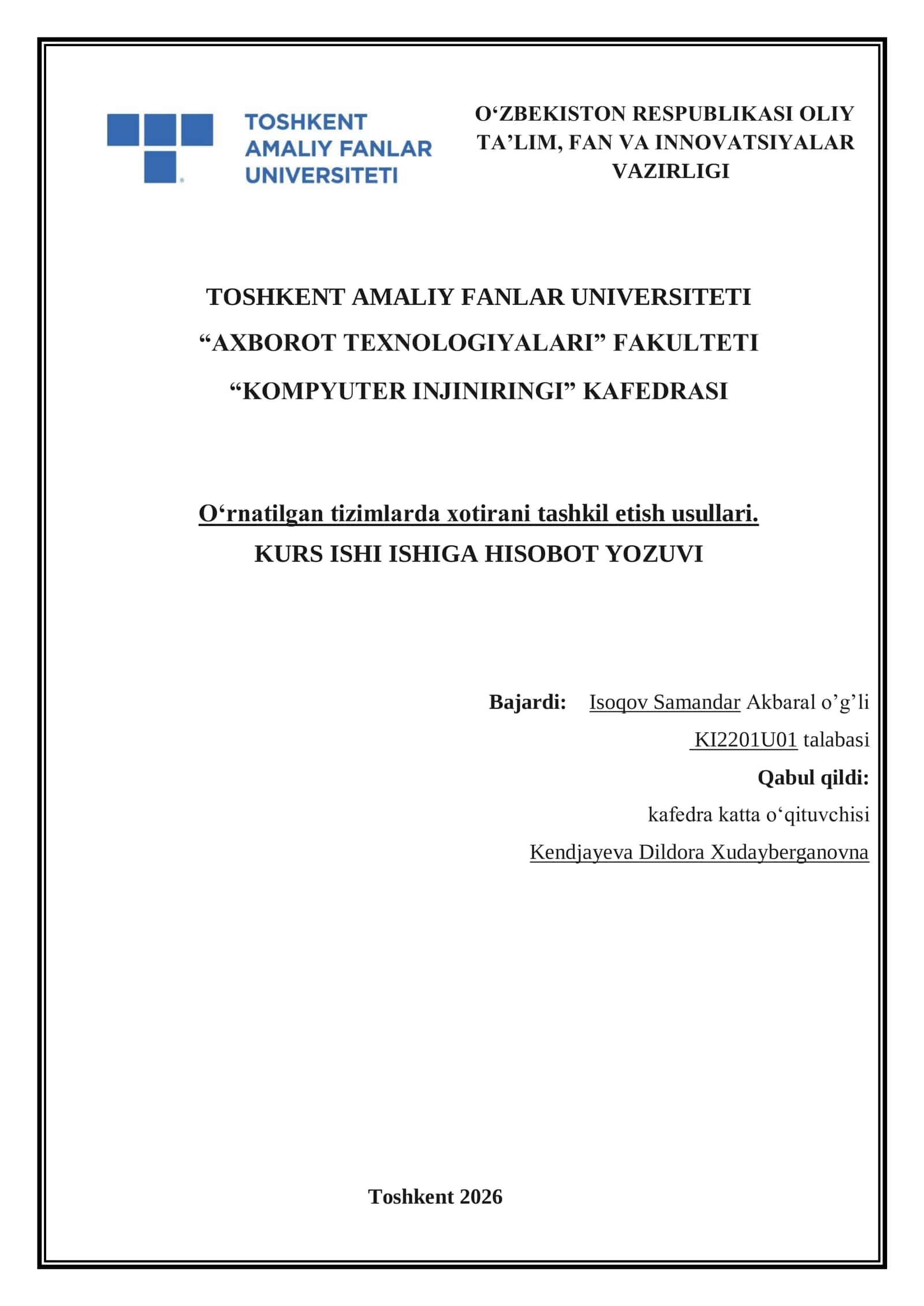 Oʻrnatilgan tizimlarda xotirani tashkil etish usullari