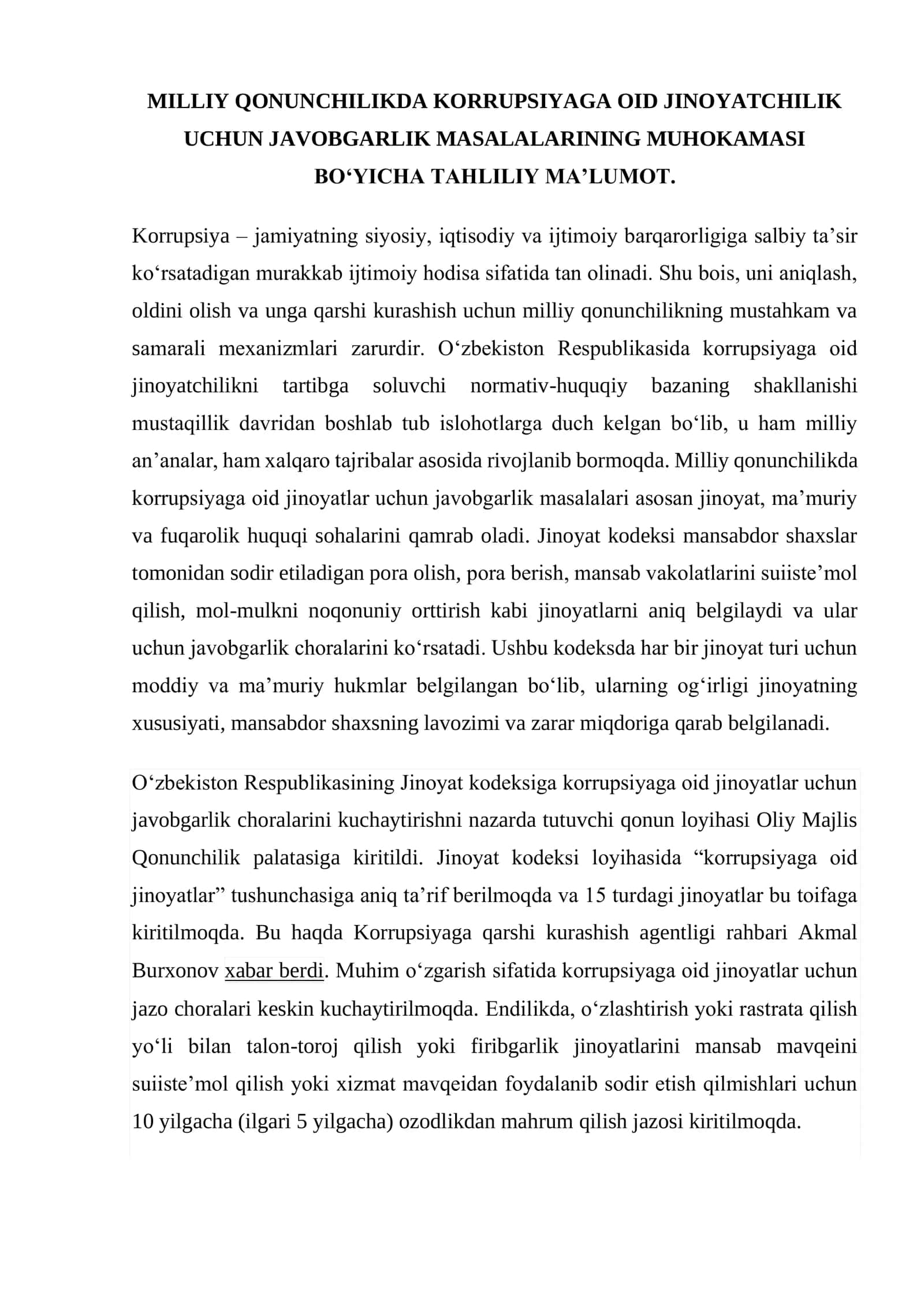 MILLIY QONUNCHILIKDA KORRUPSIYAGA OID JINOYATCHILIK UCHUN JAVOBGARLIK MASALALARINING MUHOKAMASI BO‘YICHA TAHLILIY MA’LUMOT