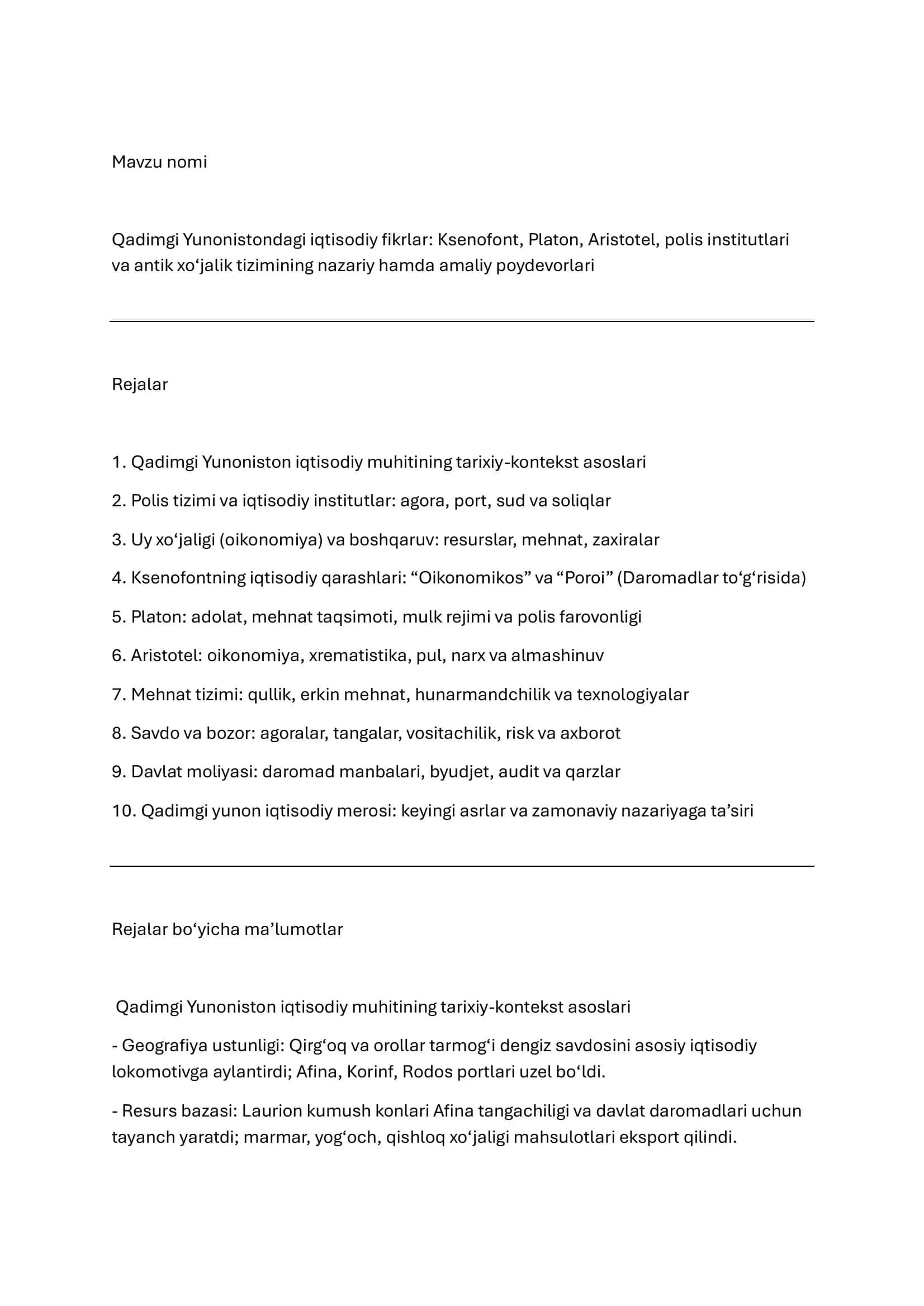 Qadimgi Yunonistondagi Iqtisodiy Fikrlar