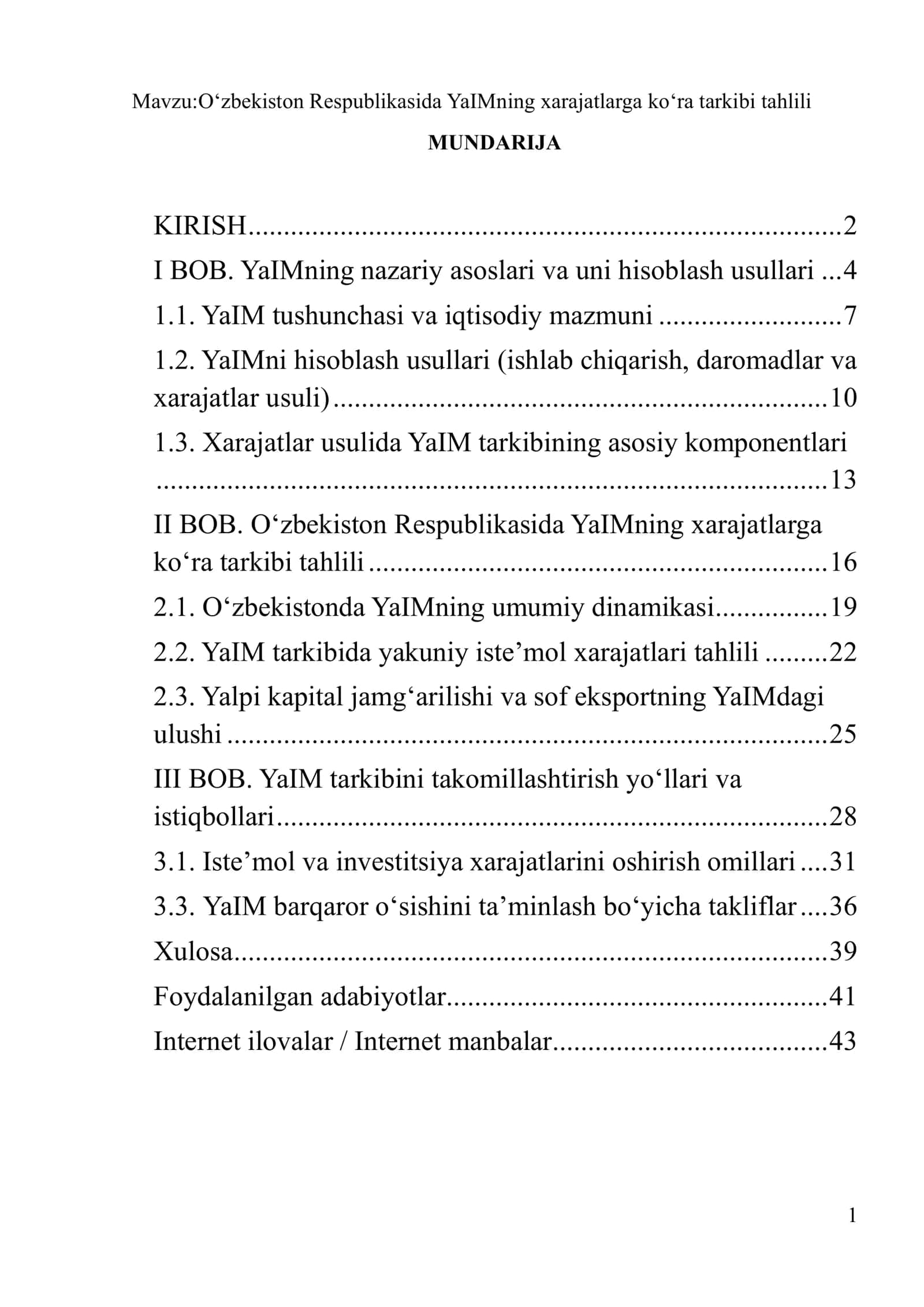 O‘zbekiston Respublikasida YaIMning xarajatlarga ko‘ra tarkibi tahlili