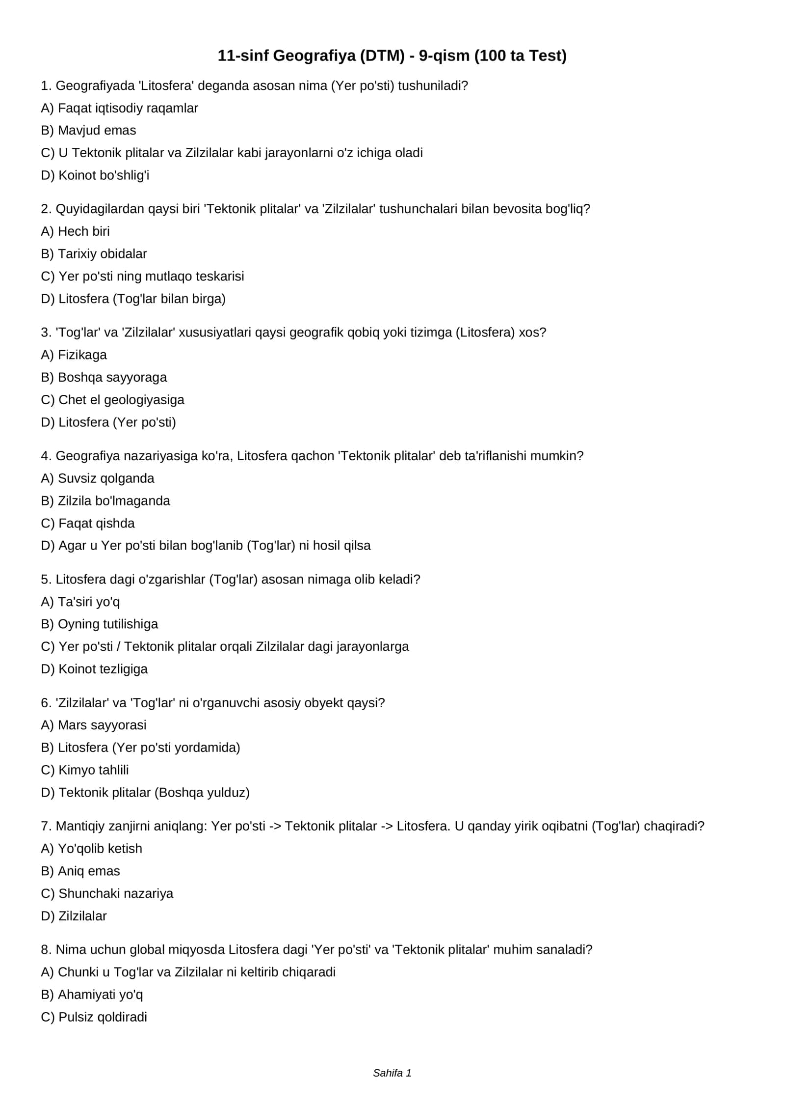11-sinf Geografiya (DTM) - 9-qism (100 ta Test)