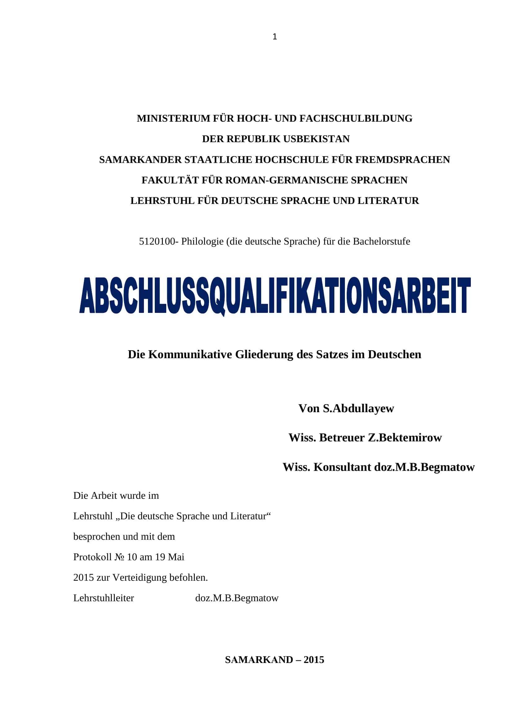 Die Kommunikative Gliederung des Satzes im Deutschen