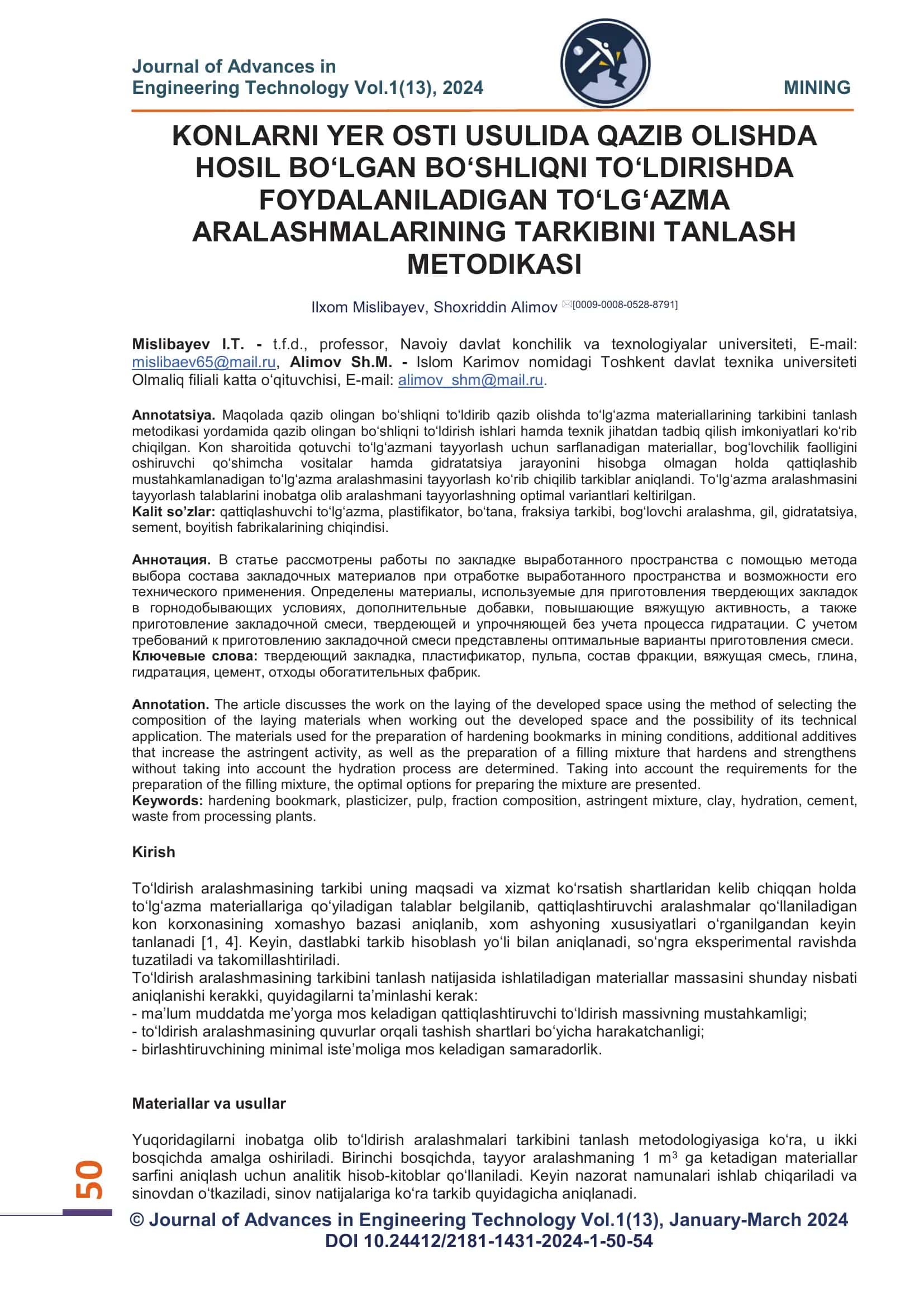 Konlarni yer osti usulida qazib olishda hosil bo‘lgan bo‘shliqni to‘ldirishda foydalaniladigan to‘lg‘azma aralashmalarining tarkibini tanlash metodikasi