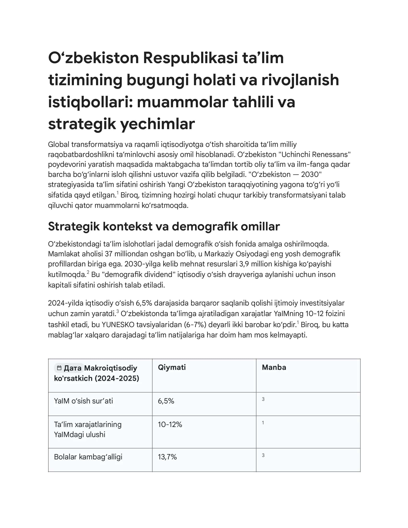 O‘zbekiston Respublikasi ta’lim tizimining bugungi holati va rivojlanish istiqbollari: muammolar tahlili va strategik yechimlar