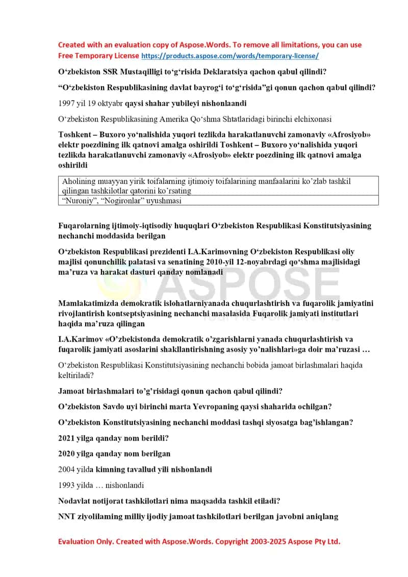 O‘zbekiston Respublikasi tarixi va qonunchiligi savol-javoblar to‘plami