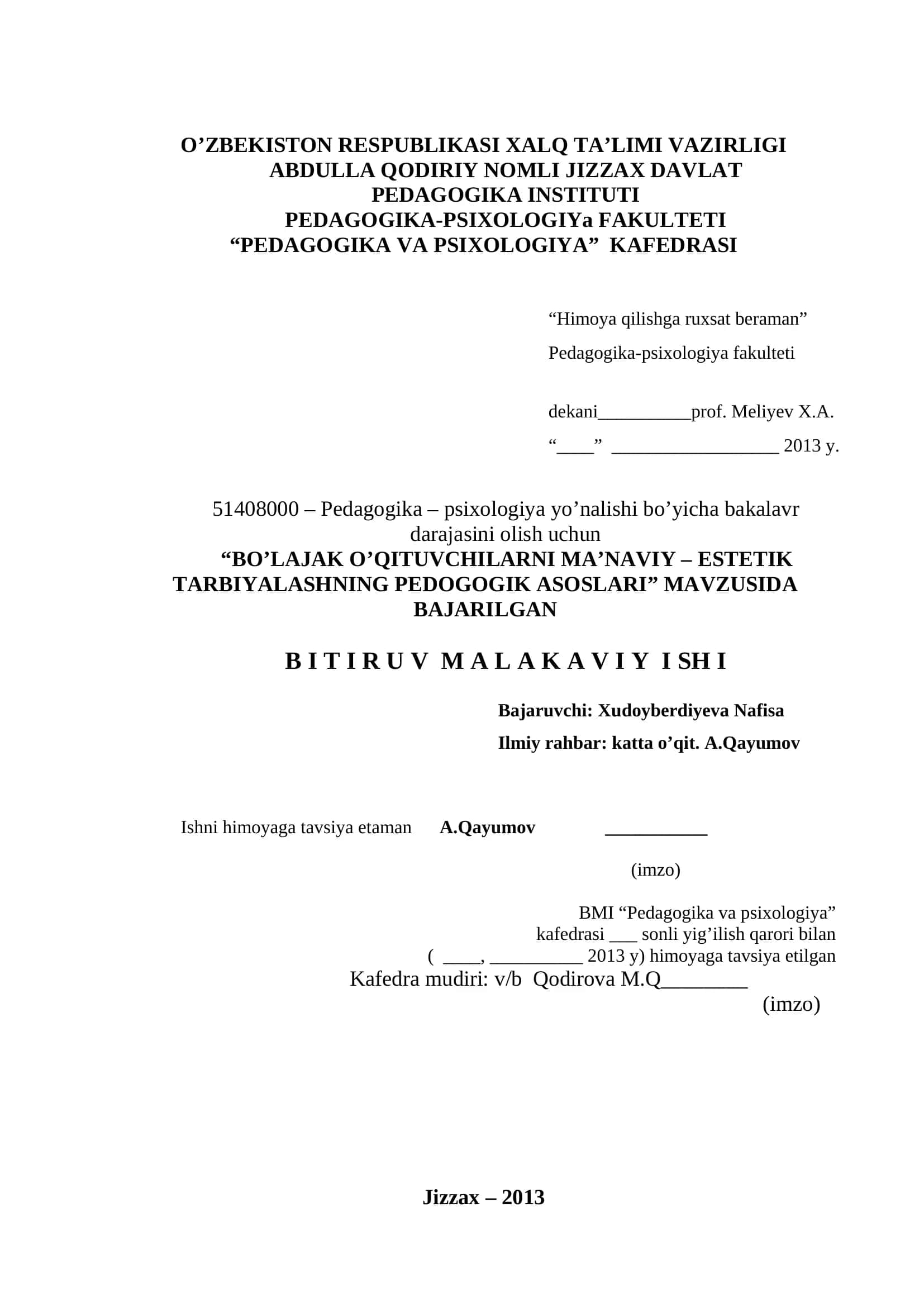 BO’LAJAK O’QITUVCHILARNI MA’NAVIY – ESTETIK TARBIYALASHNING PEDOGOGIK ASOSLARI