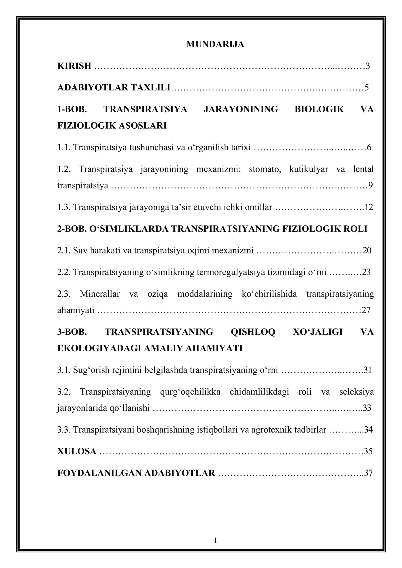 TRANSPIRATSIYA JARAYONINING BIOLOGIK VAFIZIOLOGIK ASOSLARI