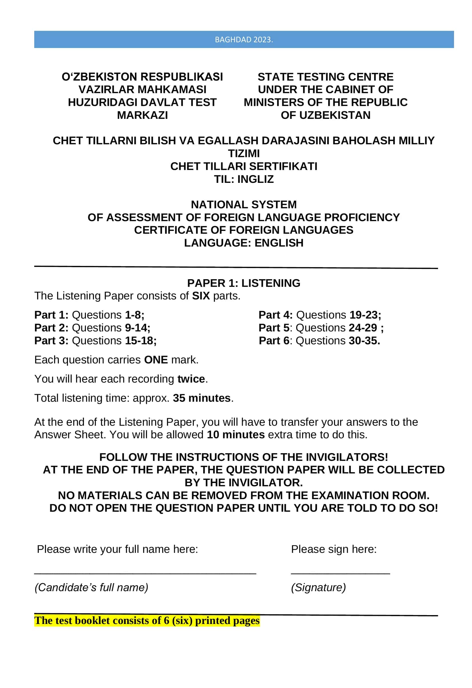 Multilevel real exam test (ingliztili) - Reading and Listening mock