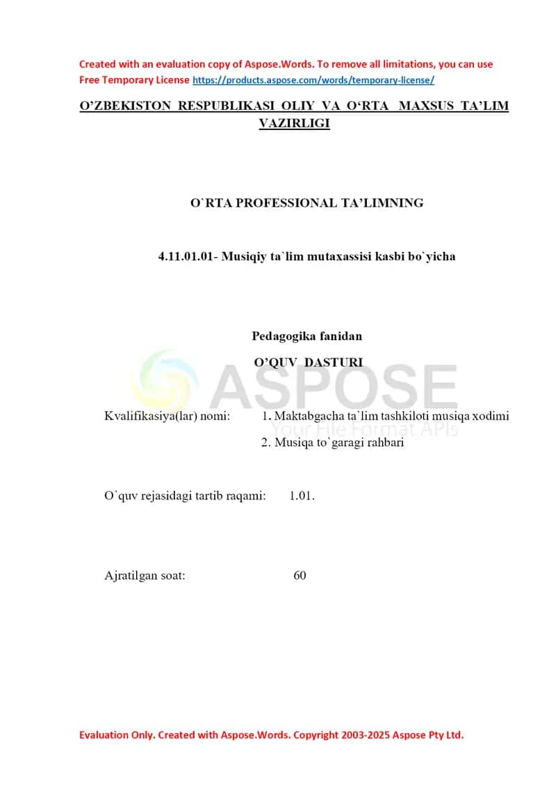 Pedagogika fanidan o‘quv dasturi (4.11.01.01 – Musiqiy ta’lim mutaxassisi)