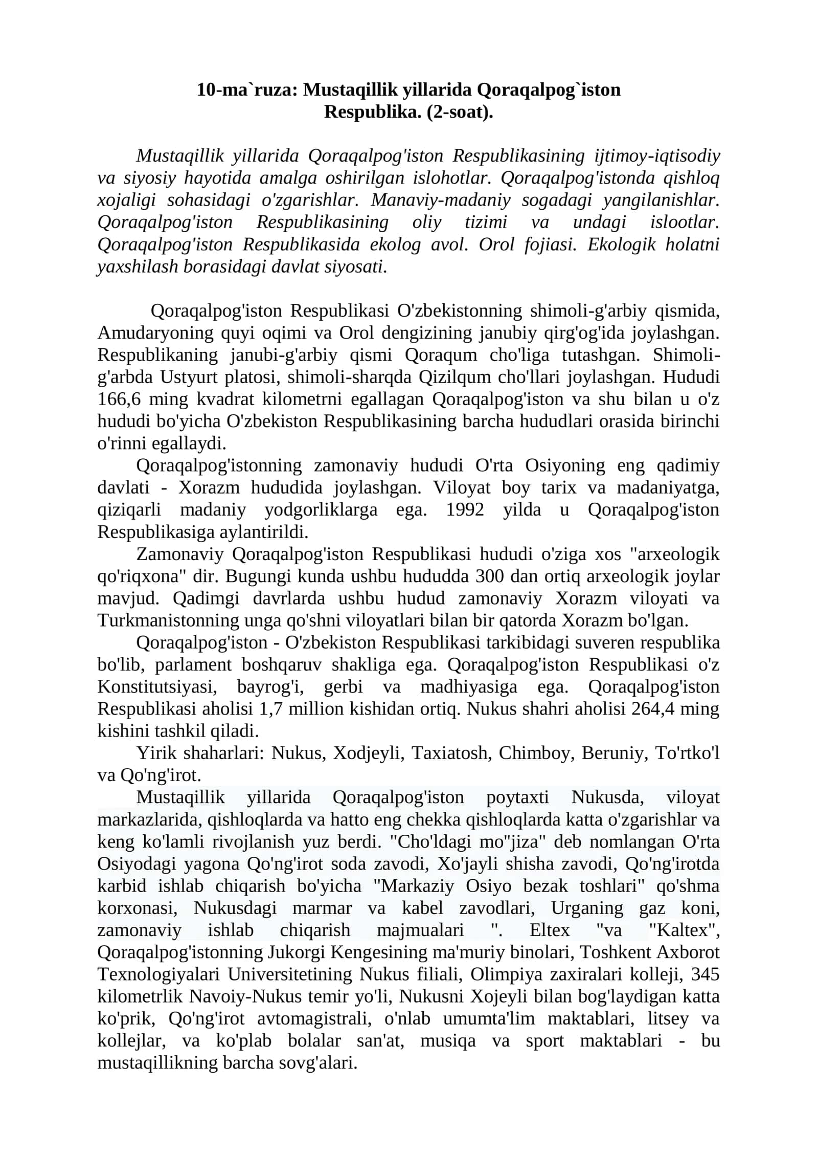 10-ma`ruza: Mustaqillik yillarida Qoraqalpog`iston Respublika