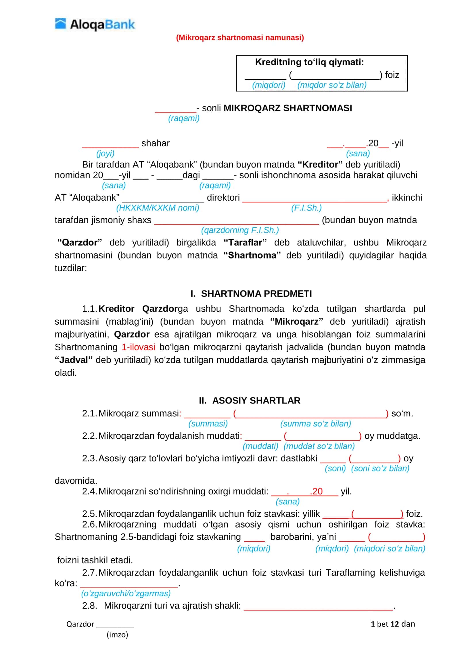 Mikroqarz shartnomasi