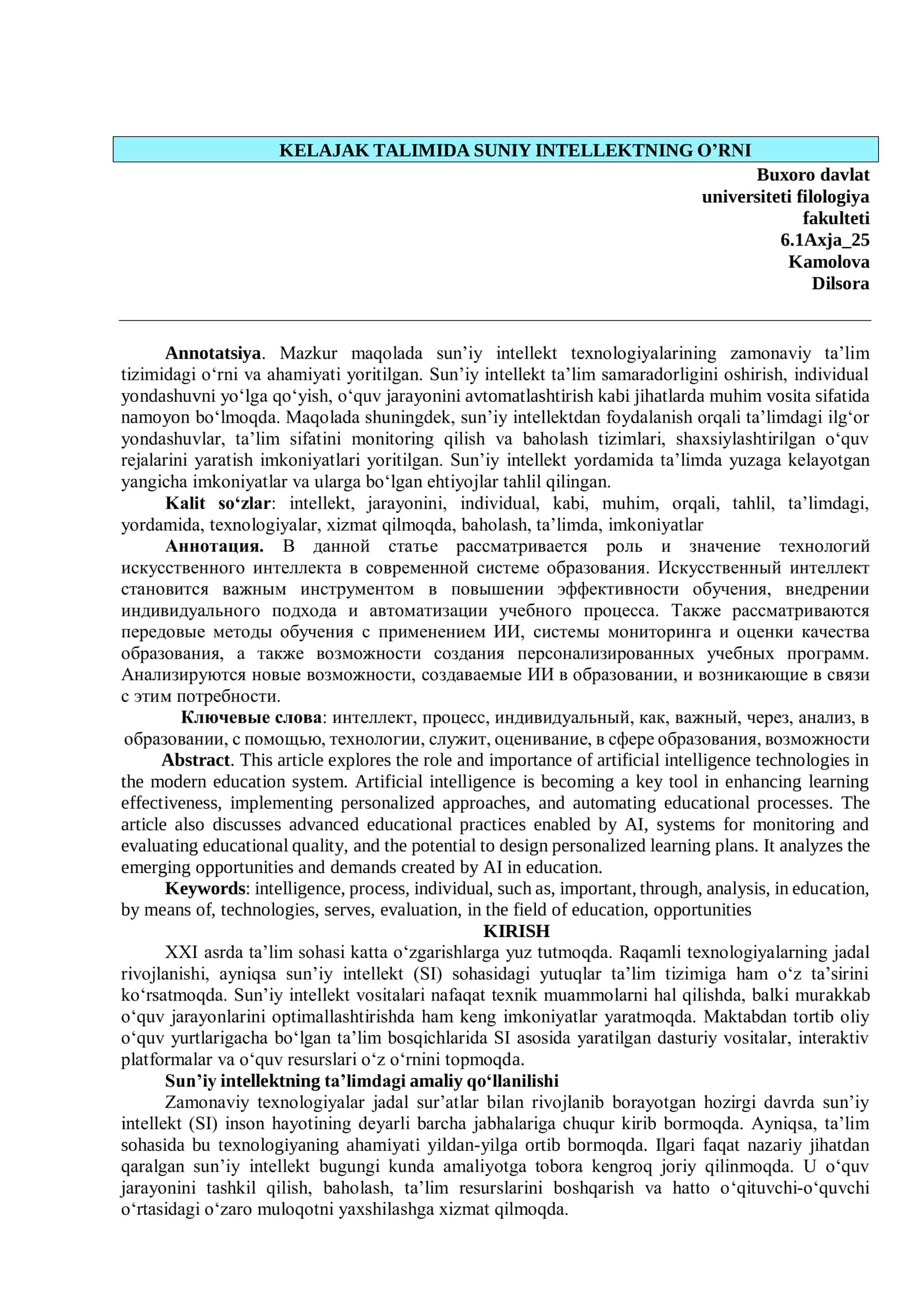 sun’iy intellekt texnologiyalarining zamonaviy ta’lim tizimidagi o‘rni va ahamiyati