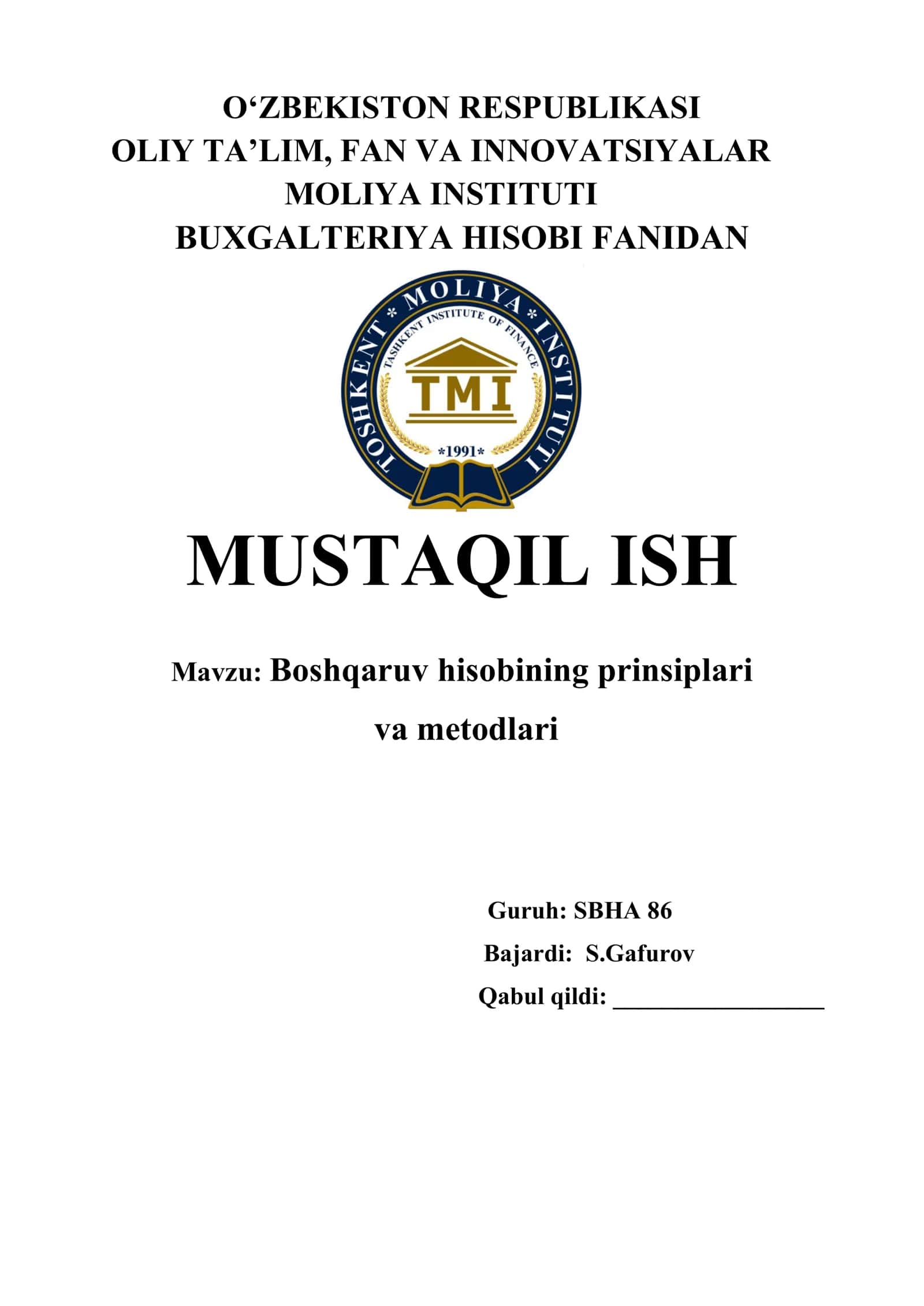 Boshqaruv hisobining prinsiplari va metodlari