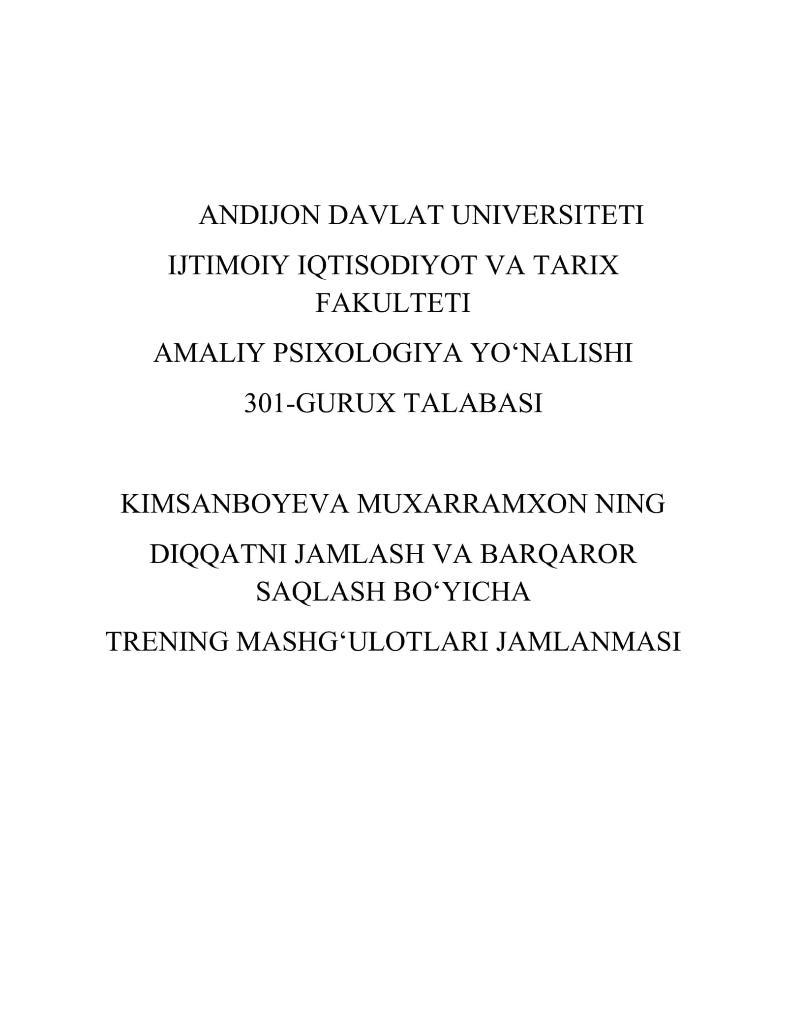 TRENING MASHGʻULOTLARI JAMLANMASI