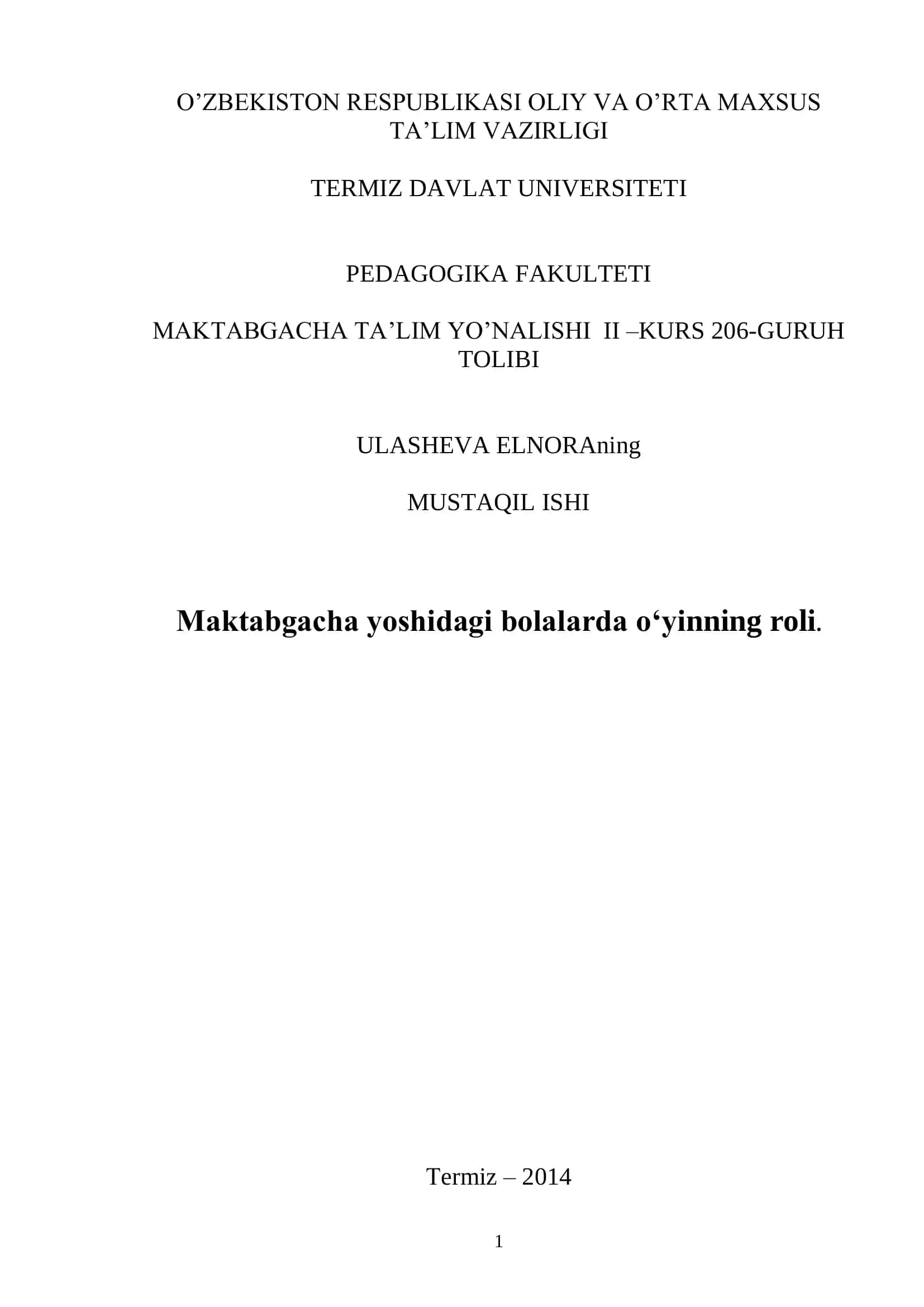 Maktabgacha yoshidagi bolalarda o‘yinning roli