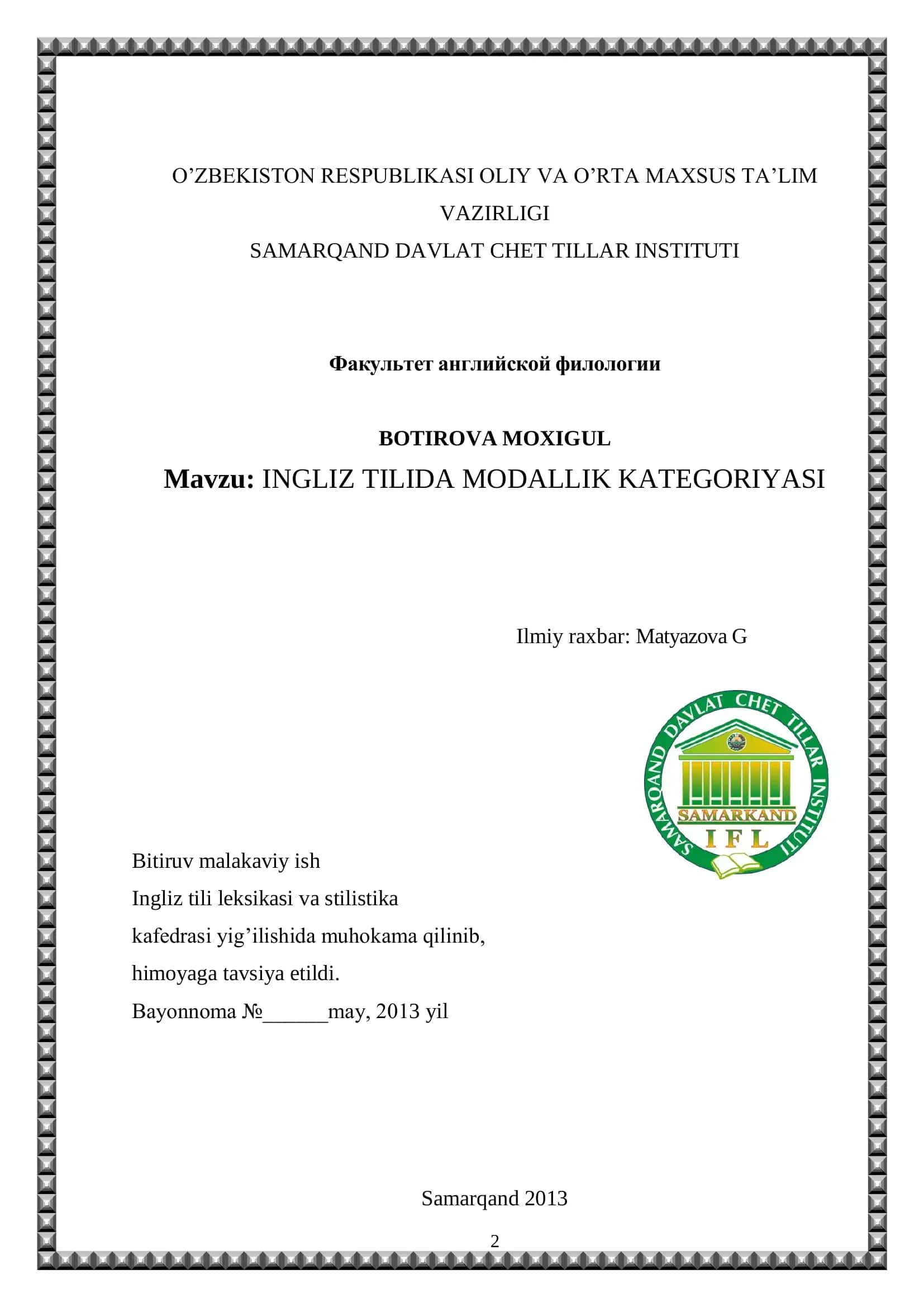 INGLIZ TILIDA MODALLIK KATEGORIYASI