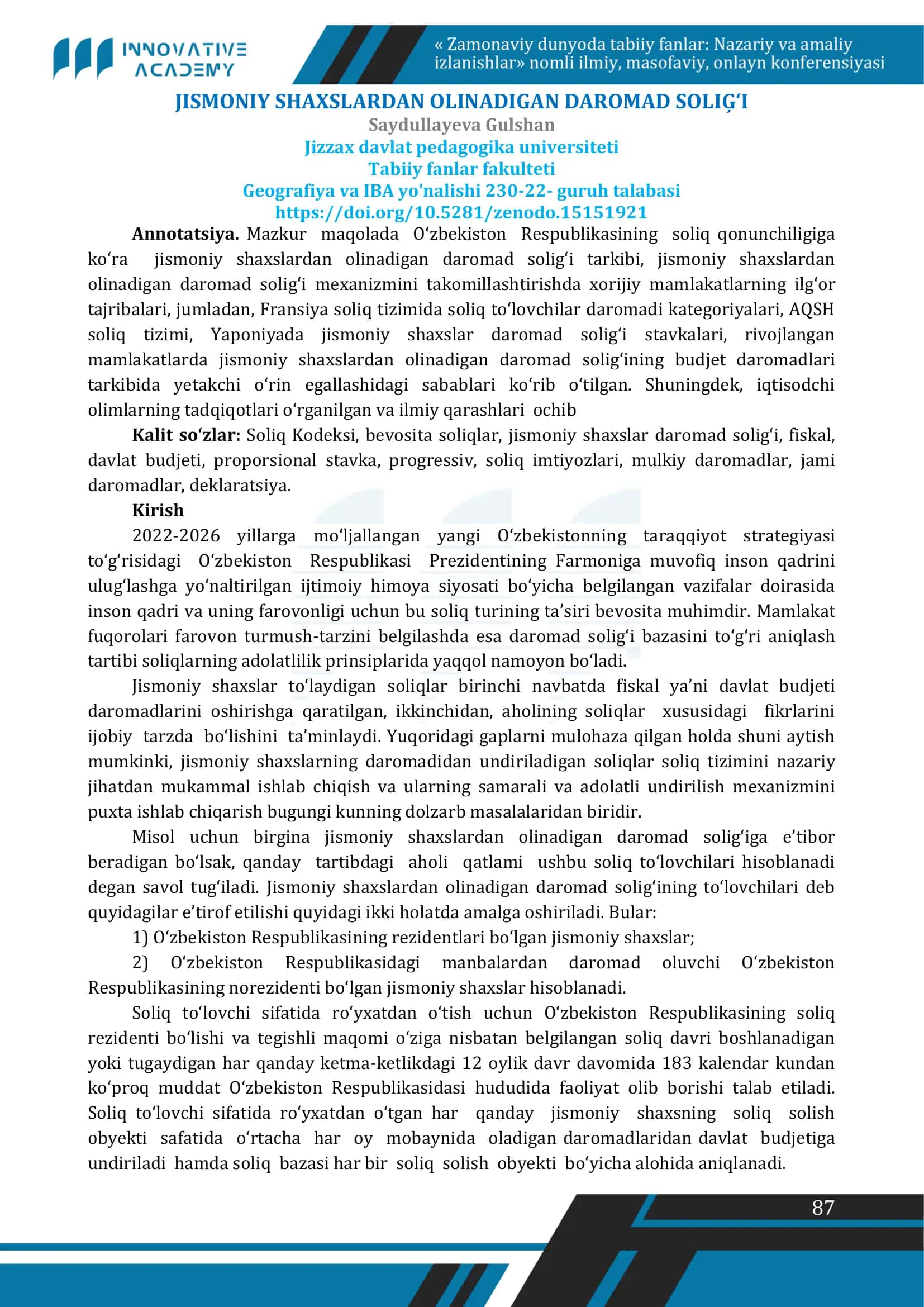 JISMONIY SHAXSLARDAN OLINADIGAN DAROMAD SOLȊI