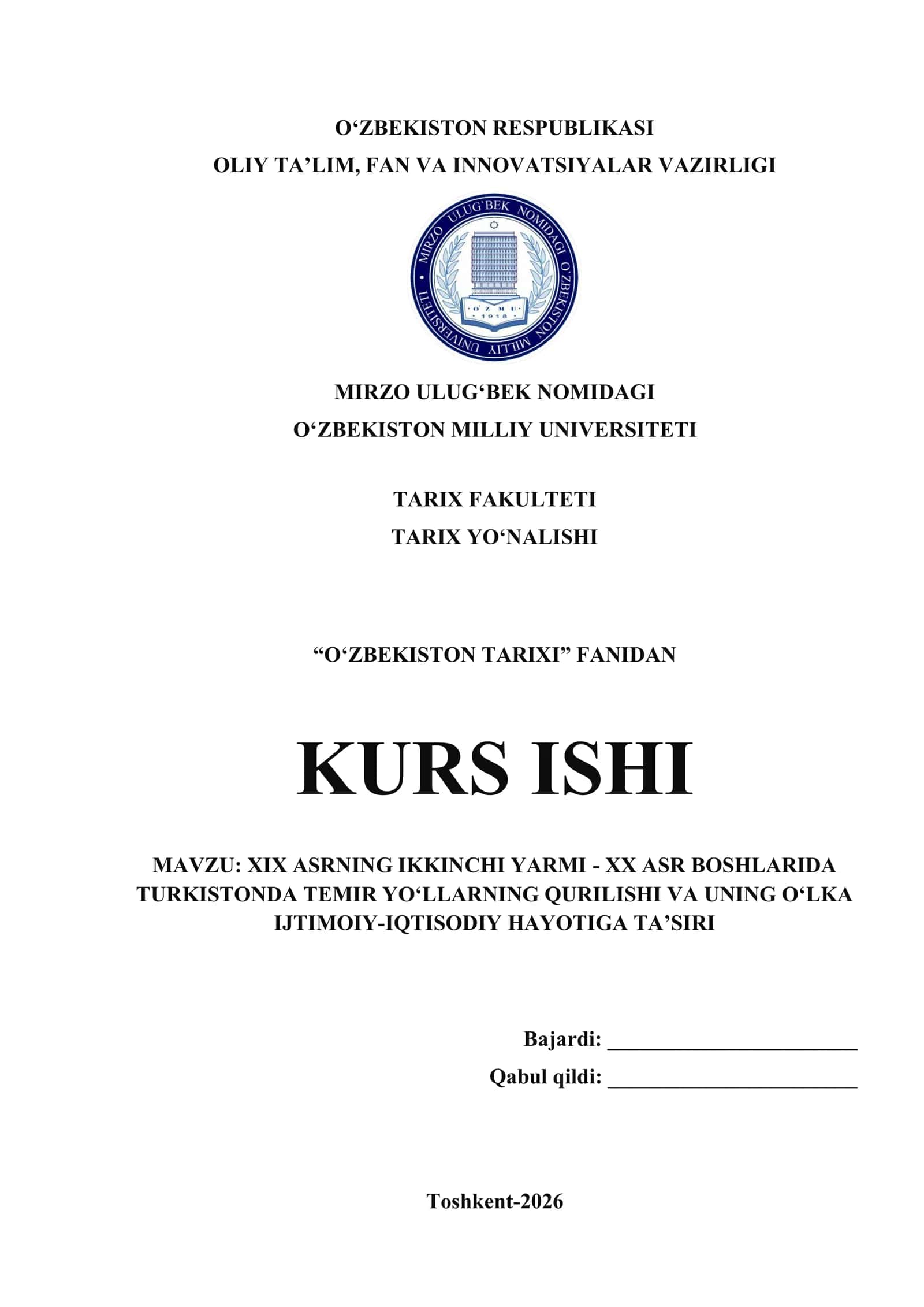 XIX ASRNING IKKINCHI YARMI - XX ASR BOSHLARIDA TURKISTONDA TEMIR YO‘LLARNING QURILISHI VA UNING O‘LKA IJTIMOIY-IQTISODIY HAYOTIGA TA’SIRI