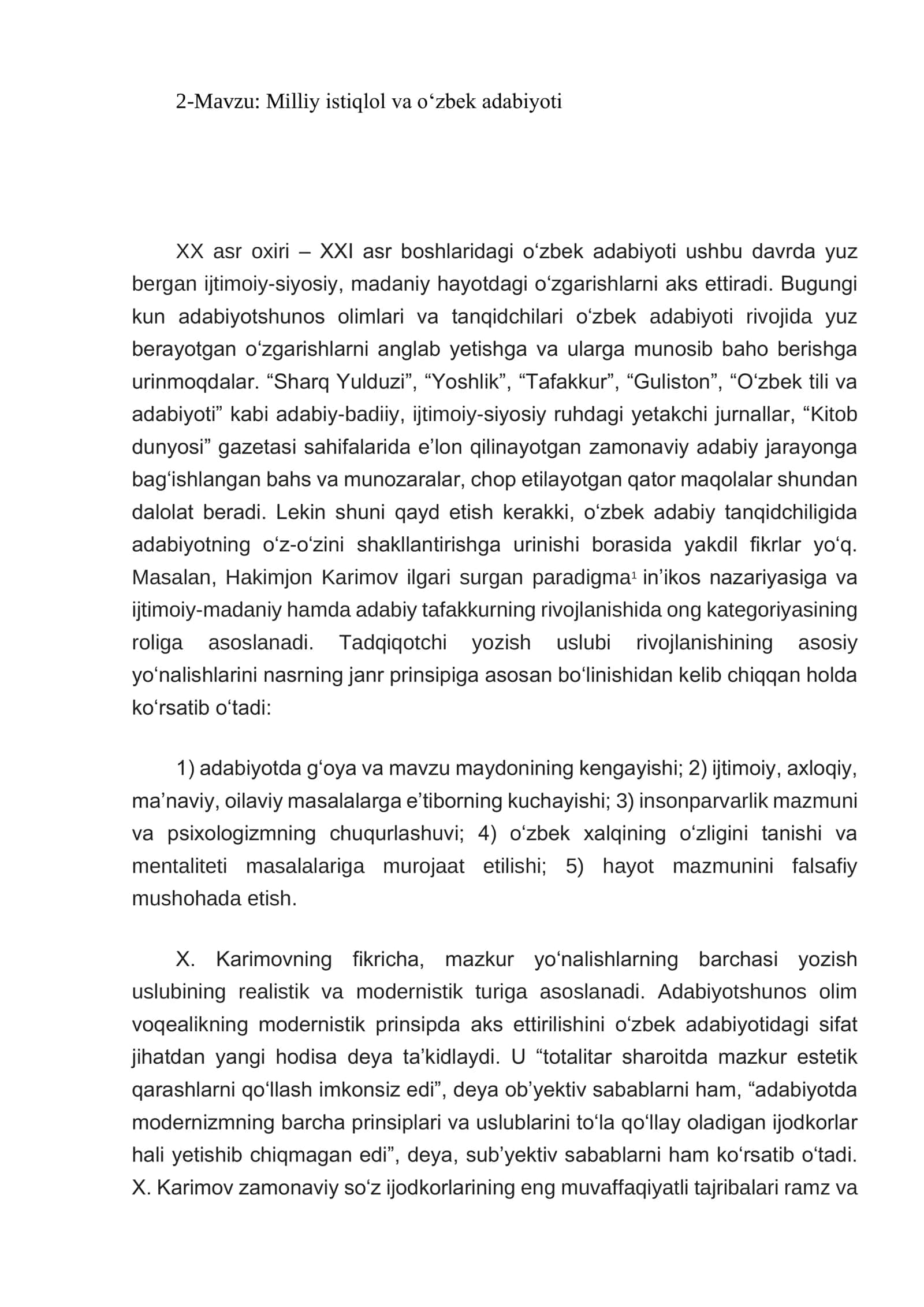 Milliy istiqlol va o‘zbek adabiyoti