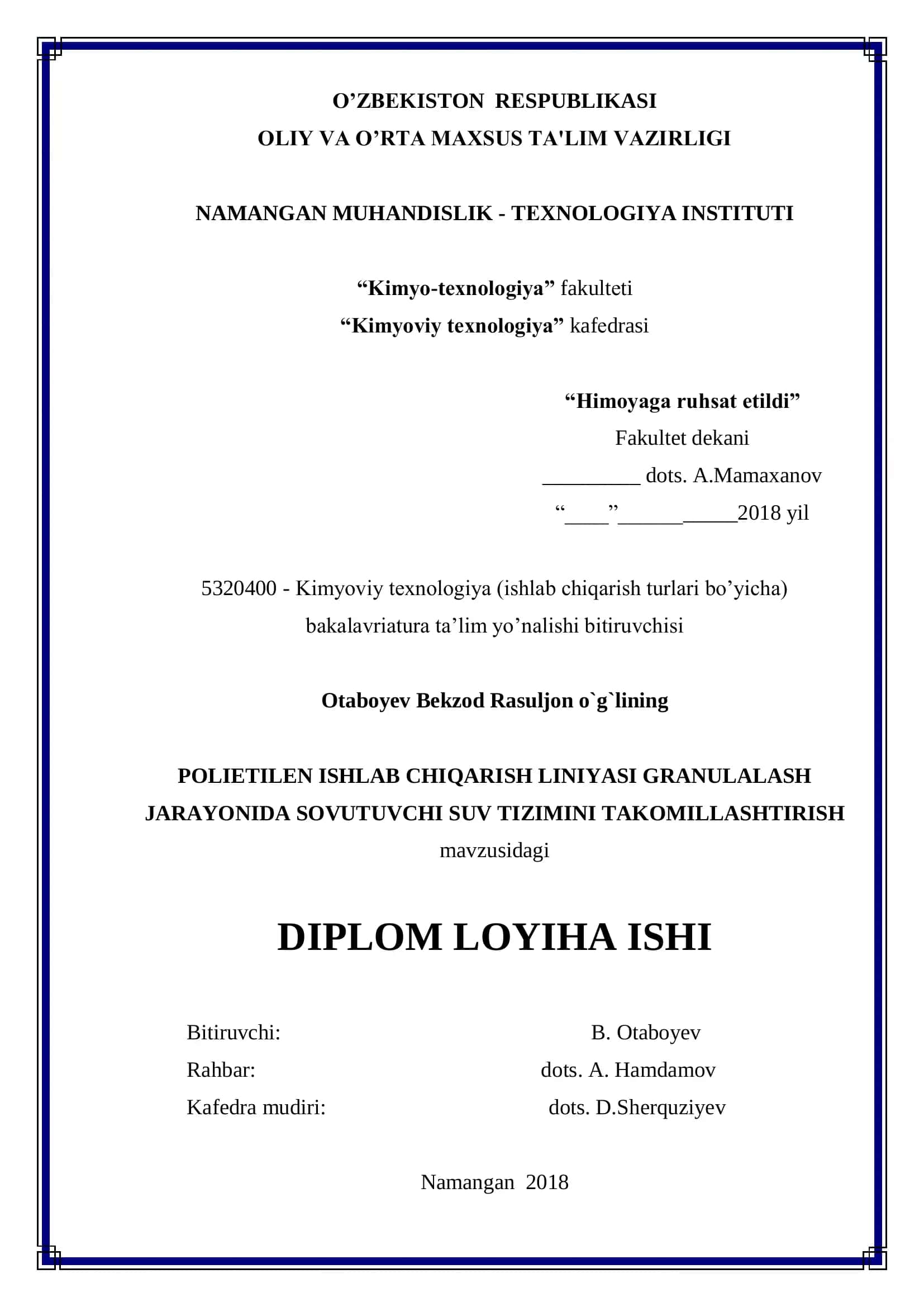POLIETILEN ISHLAB CHIQARISH LINIYASI GRANULALASH JARAYONIDA SOVUTUVCHI SUV TIZIMINI TAKOMILLASHTIRISH mavzusidagi