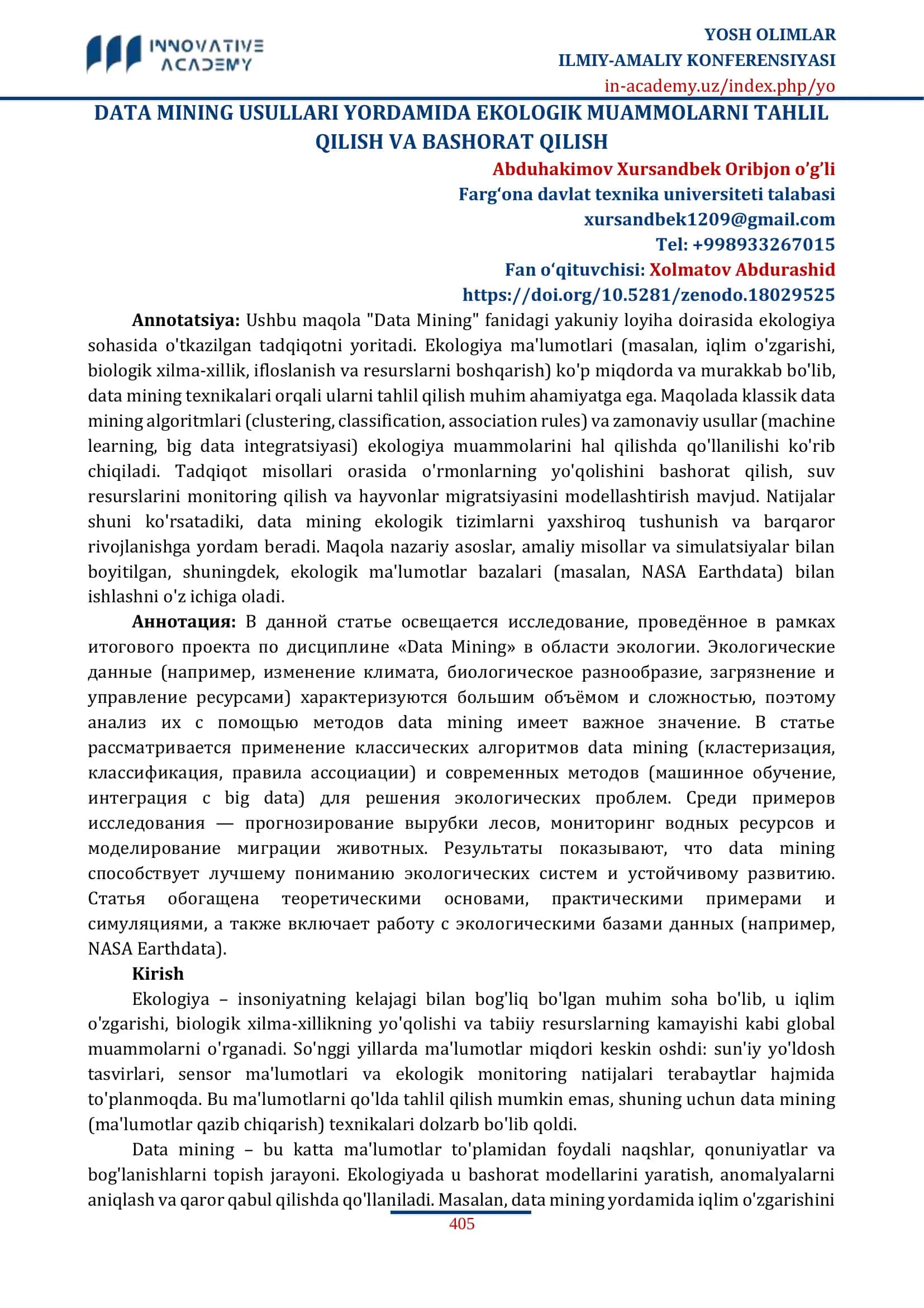 DATA MINING USULLARI YORDAMIDA EKOLOGIK MUAMMOLARNI TAHLIL QILISH VA BASHORAT QILISH