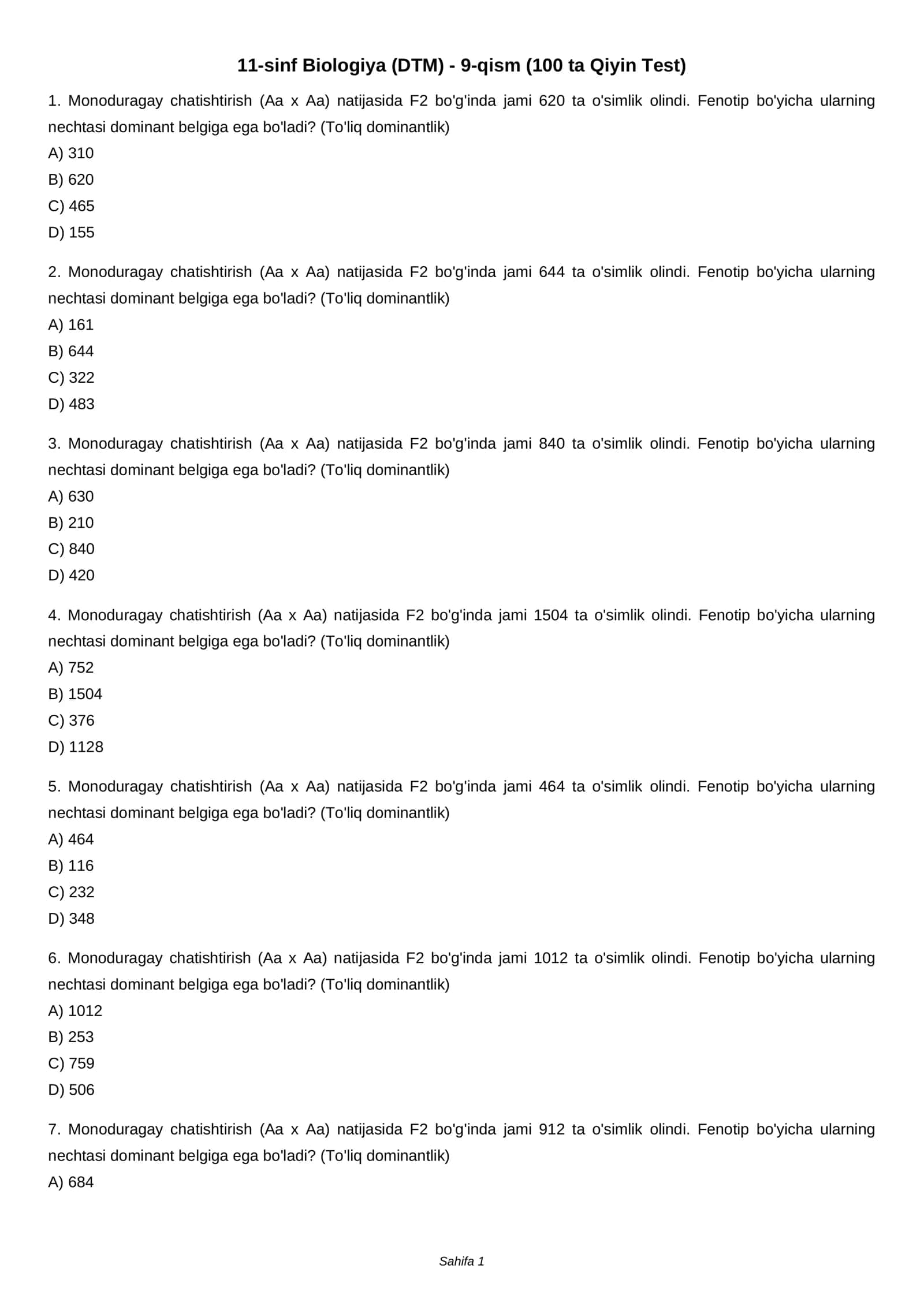 11-sinf Biologiya (DTM) - 9-qism (100 ta Qiyin Test)