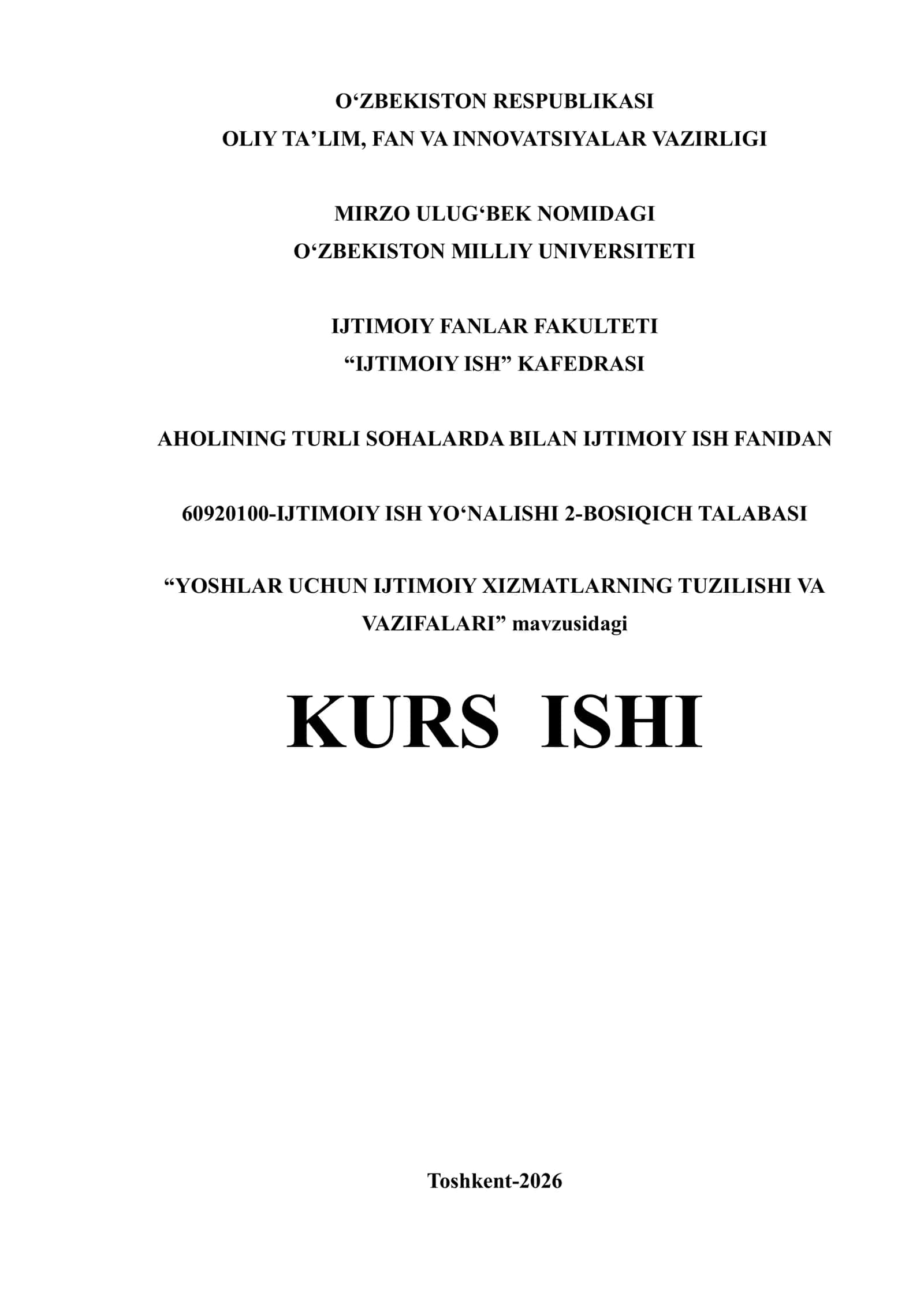 YOSHLAR UCHUN IJTIMOIY XIZMATLARNING TUZILISHI VA VAZIFALARI