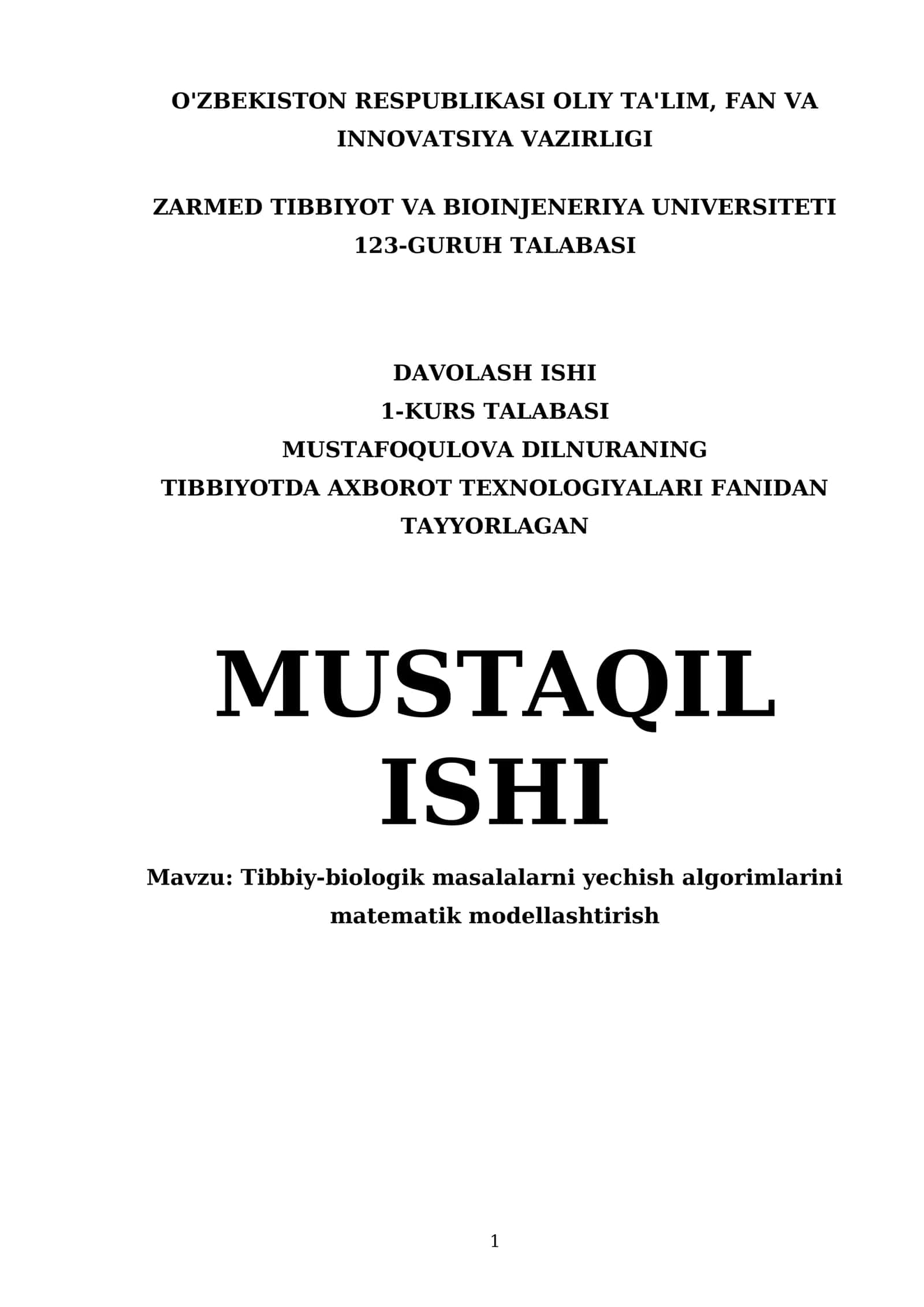 Tibbiy-biologik masalalarni yechish algorimlarini matematik modellashtirish
