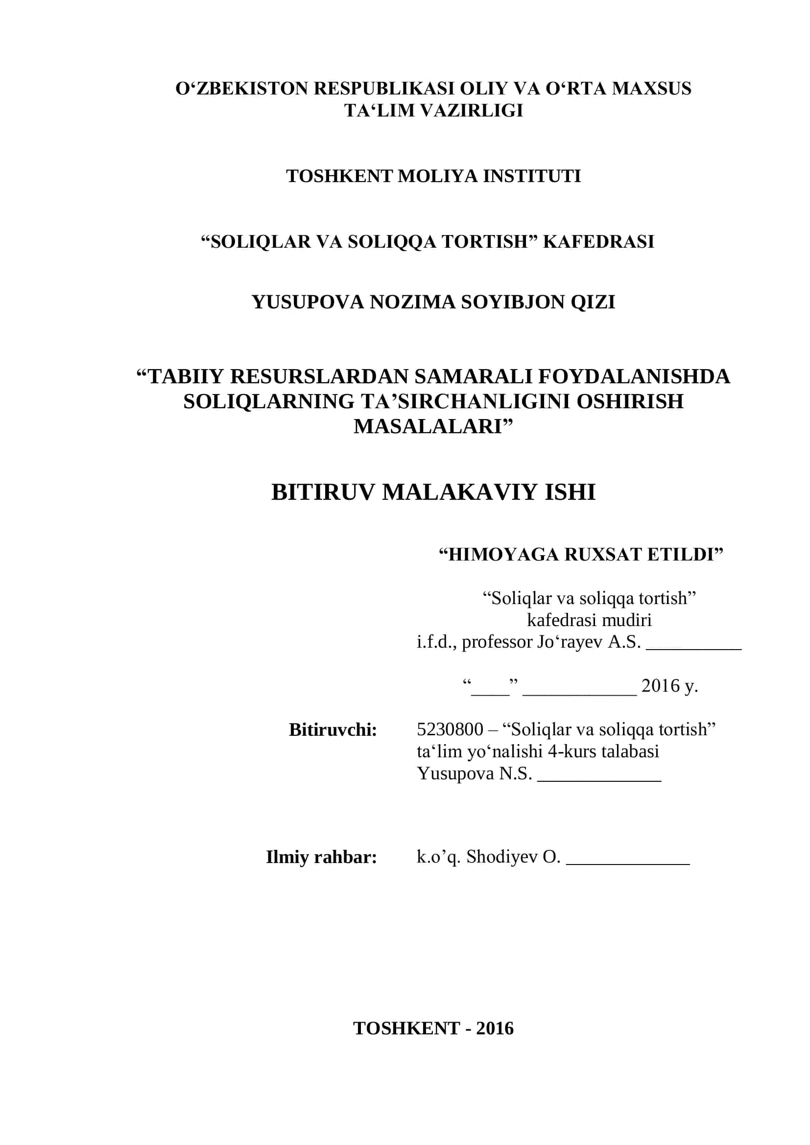 IQTISODIYOTNI MODERNIZATSIYALASH SHAROITIDA TABIIY RESURSLARNI SOLIQQA TORTISHNING NAZARIY-USLUBIY ASOSLARI