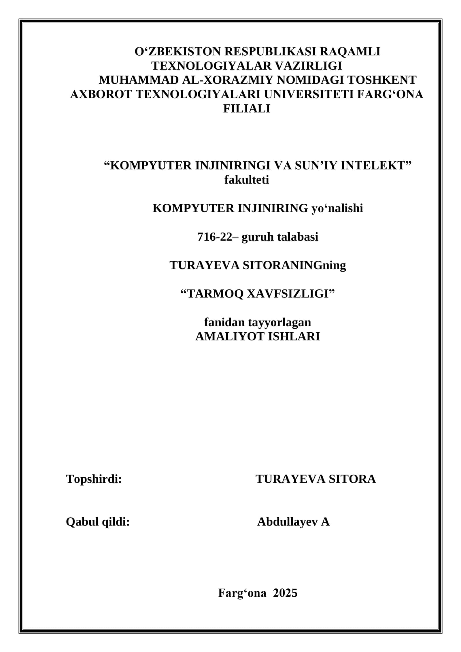 TARMOQ XAVFSIZLIGI fanidan tayyorlagan AMALIYOT ISHLARI