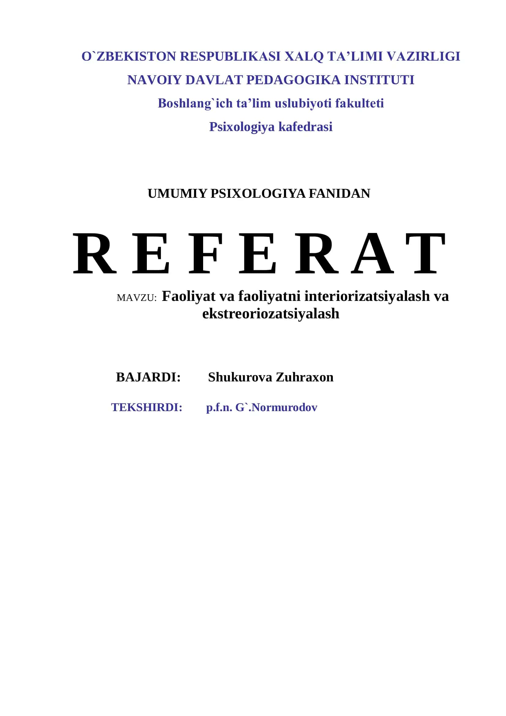 Faoliyat va faoliyatni interiorizatsiyalash va ekstreoriozatsiyalash
