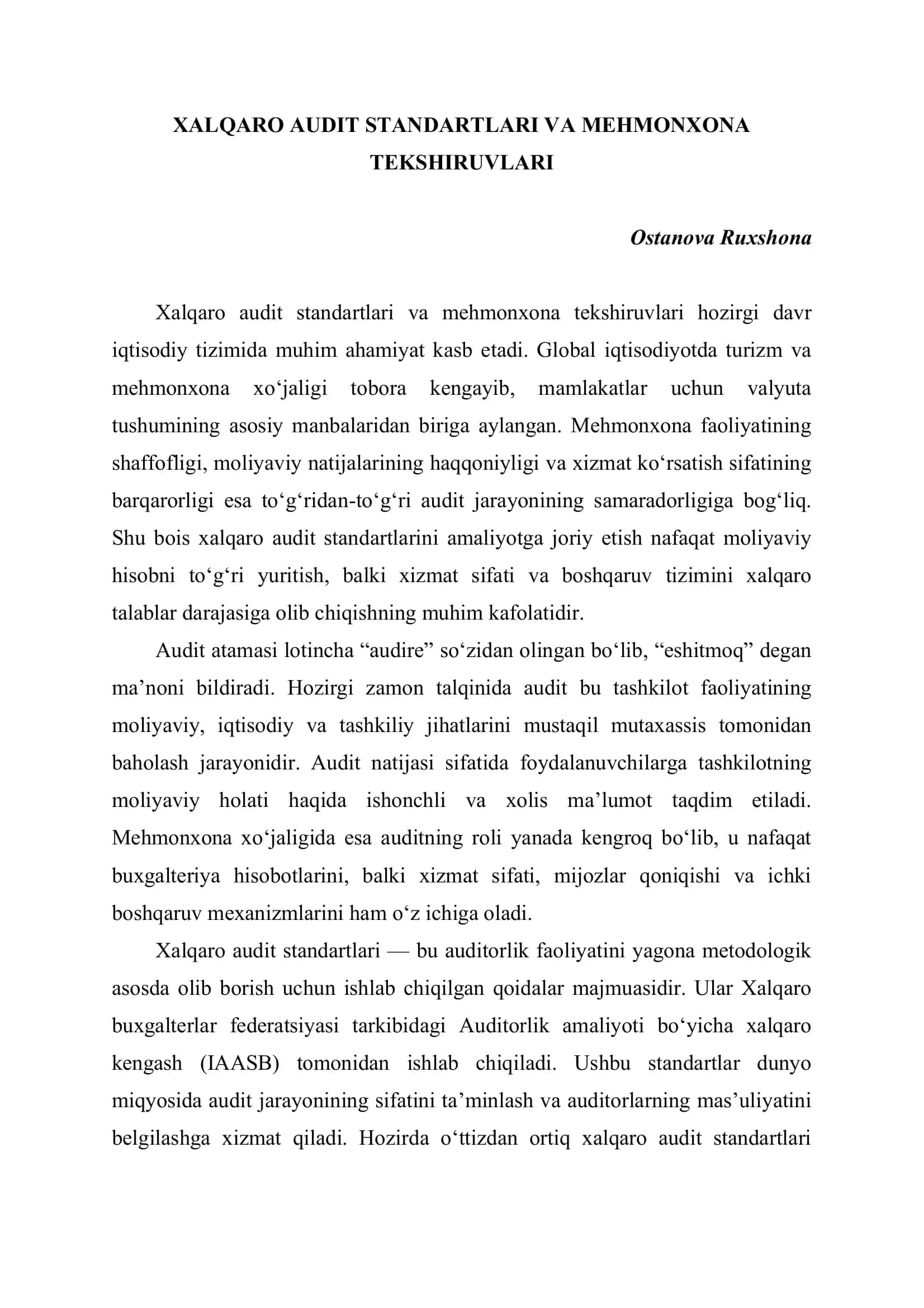 Xalqaro audit standartlari va mehmonxona tekshiruvlari