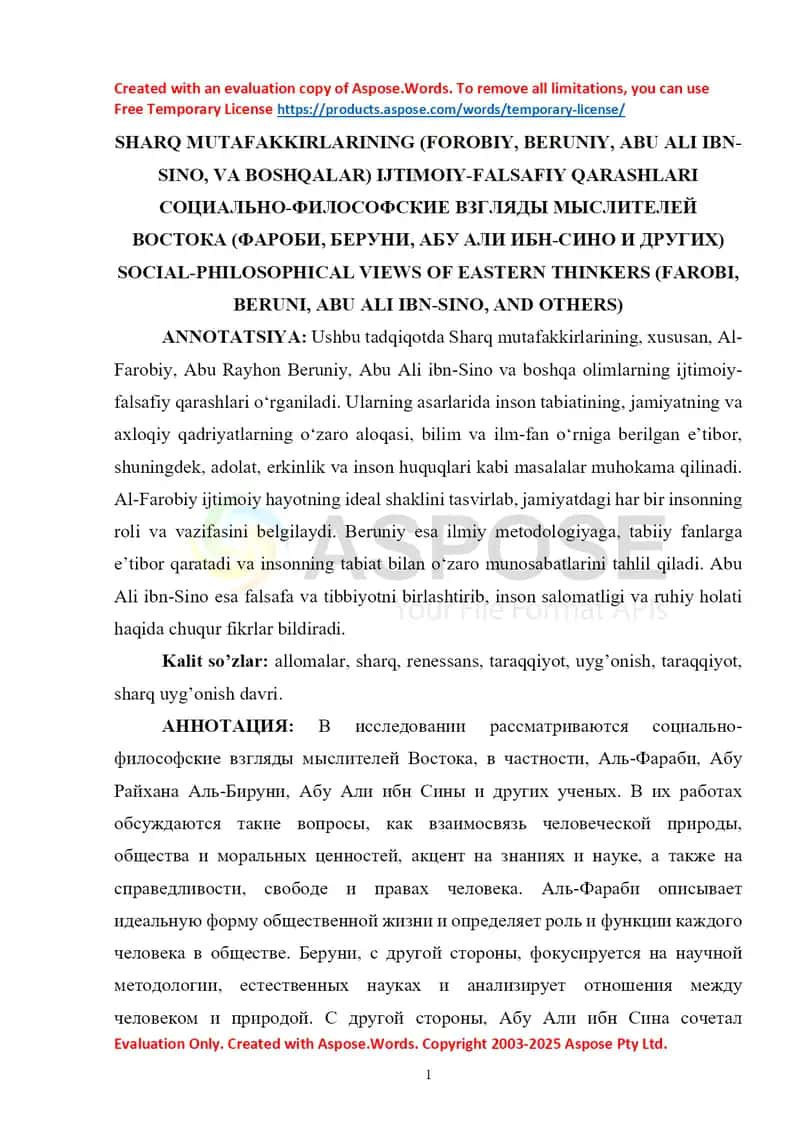 SHARQ MUTAFAKKIRLARINING IJTIMOIY-FALSAFIY QARASHLARI
