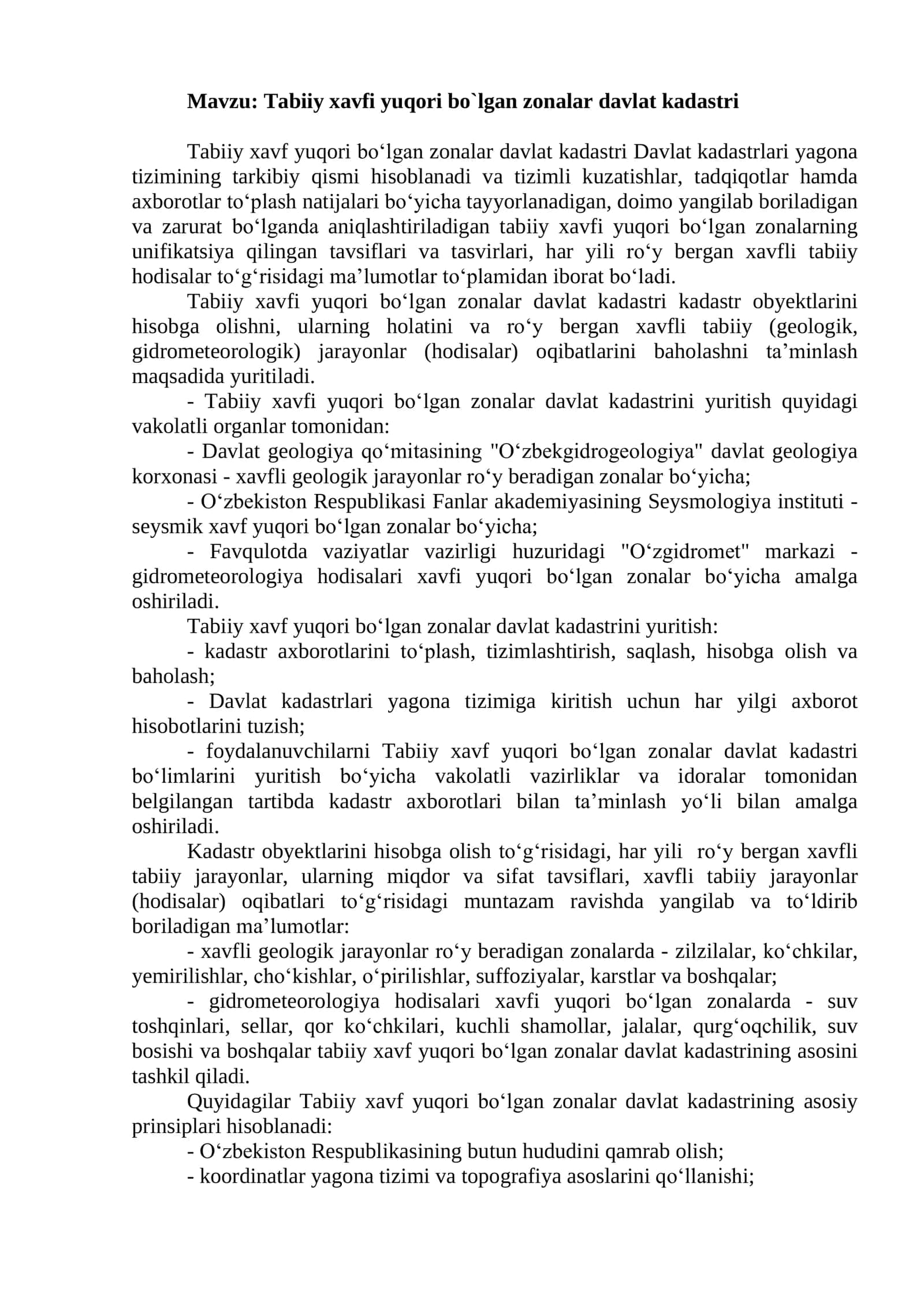 Tabiiy xavfi yuqori bo`lgan zonalar davlat kadastri