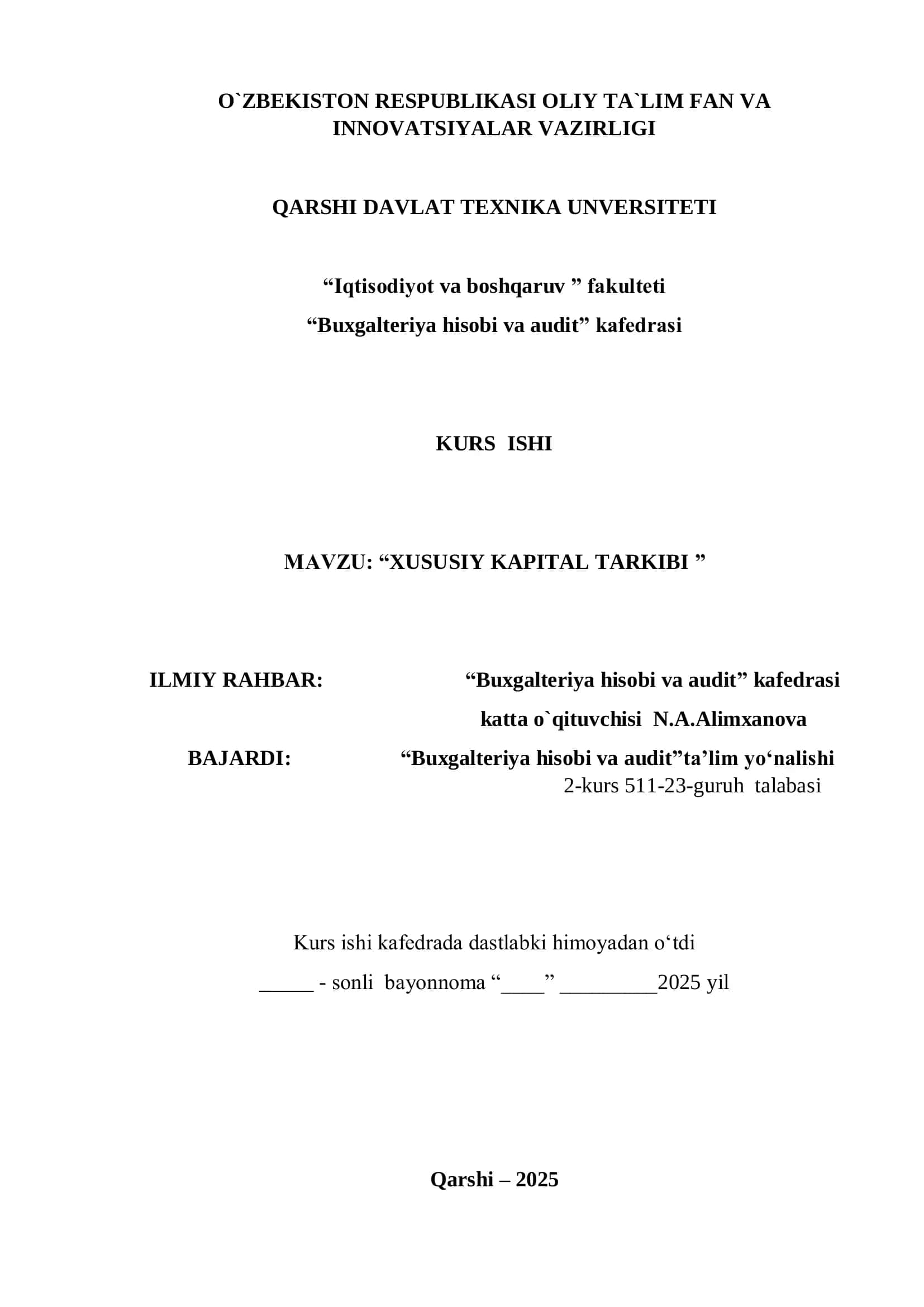 XUSUSIY KAPITAL TARKIBI