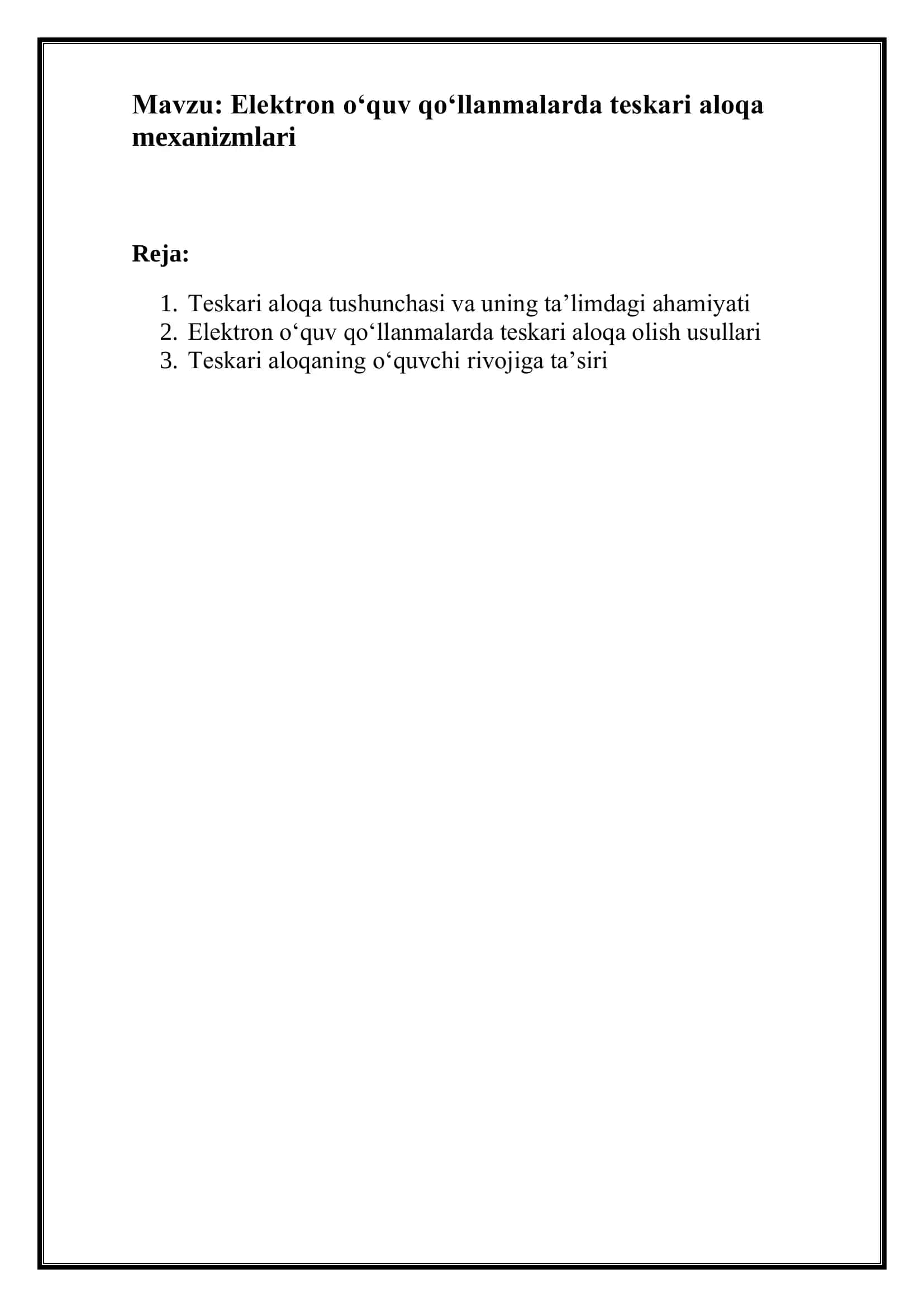 Elektron o‘quv qo‘llanmalarda teskari aloqa mexanizmlari