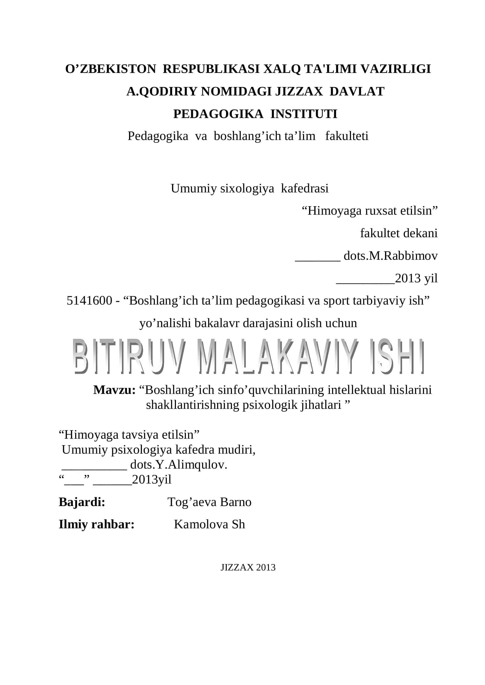 "Boshlang’ich ta’lim pedagogikasi va sport tarbiyaviy ish"