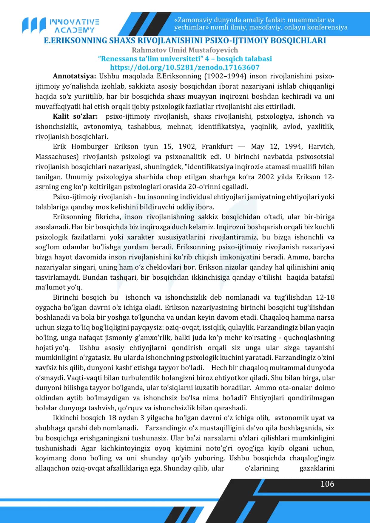 E.Eriksonning shaxs rivojlanishini psixo-ijtimoiy bosqichlari