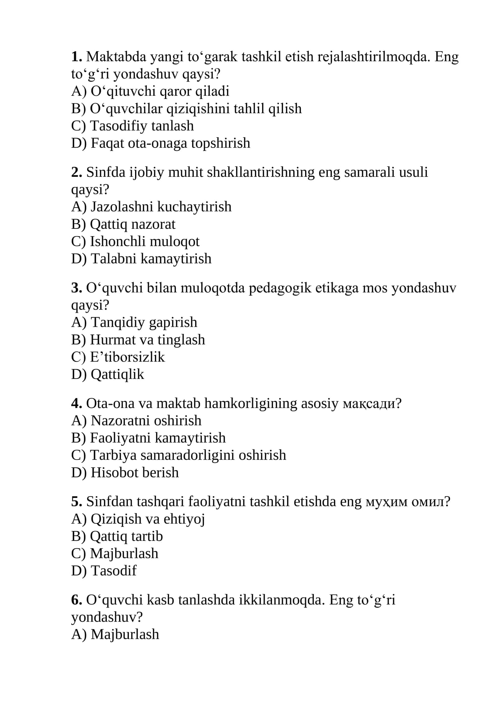 Maktab maslahatchilari uchun testlar to'plami 2026